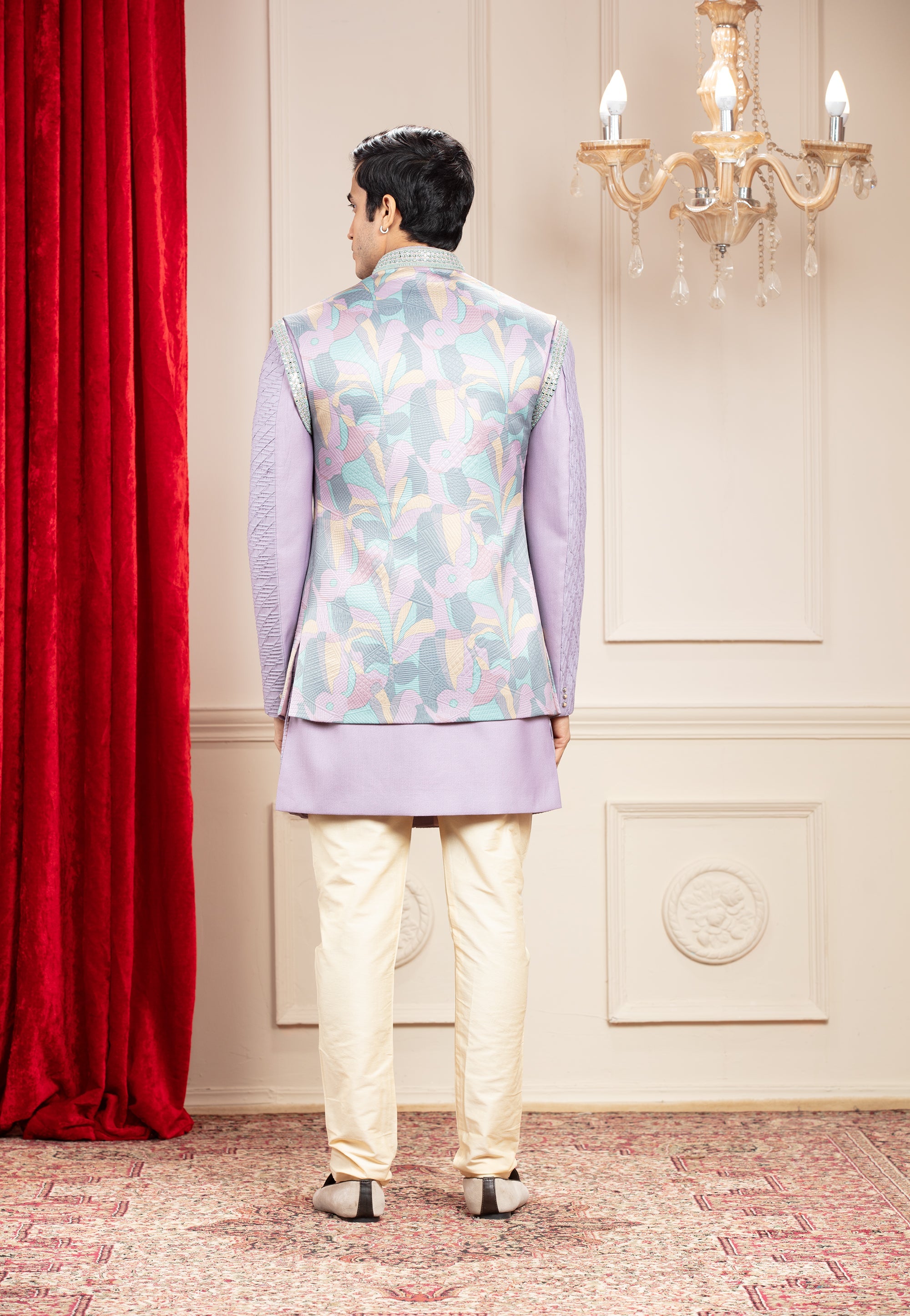 Pale Lilac Open Indo western set with sleeveless floral jacket