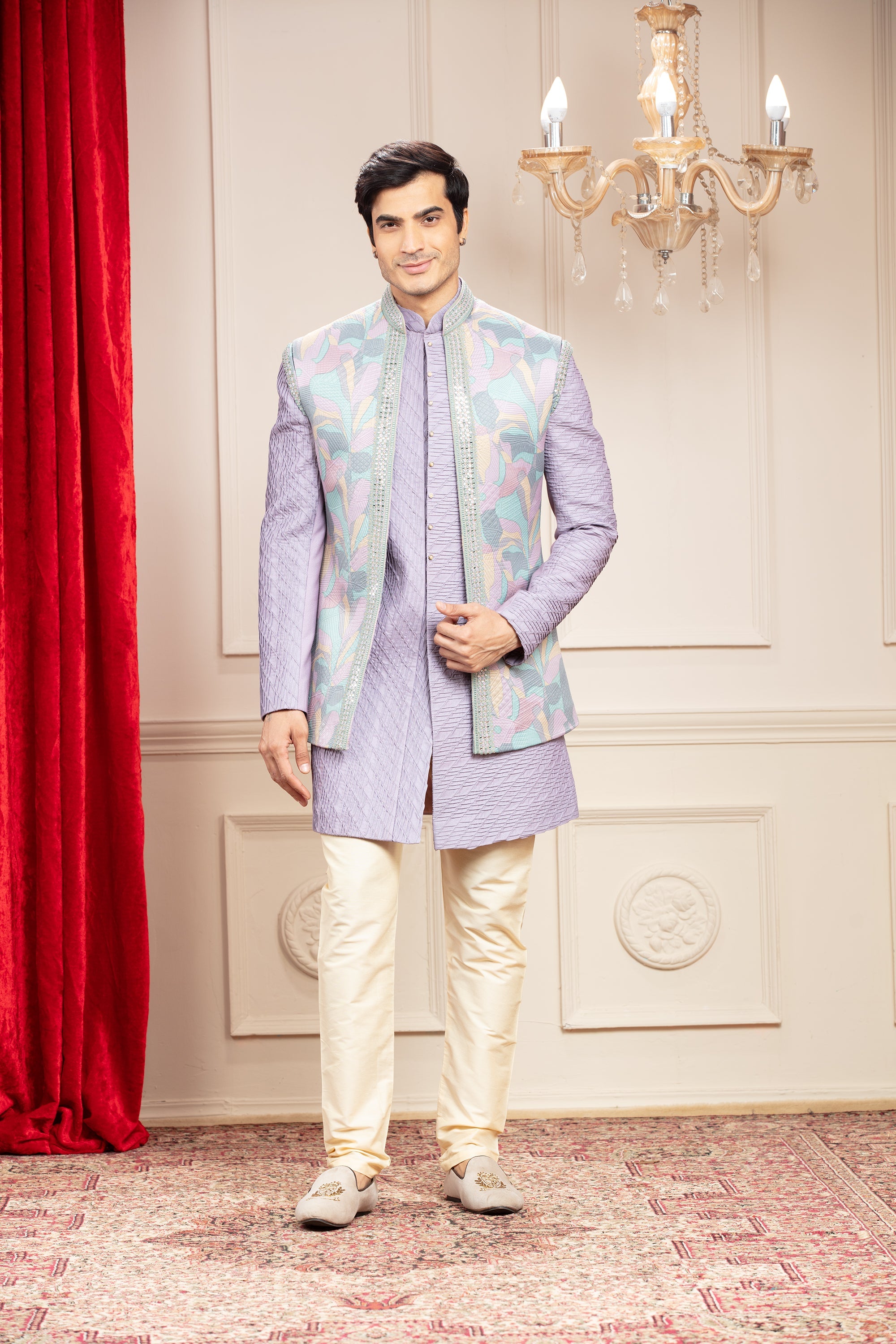 Pale Lilac Open Indo western set with sleeveless floral jacket
