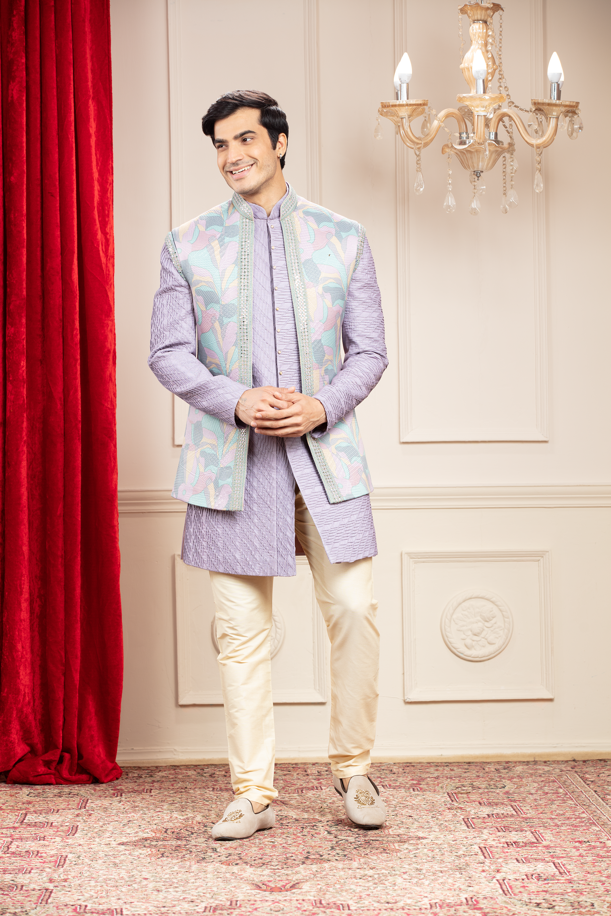 Pale Lilac Open Indo western set with sleeveless floral jacket