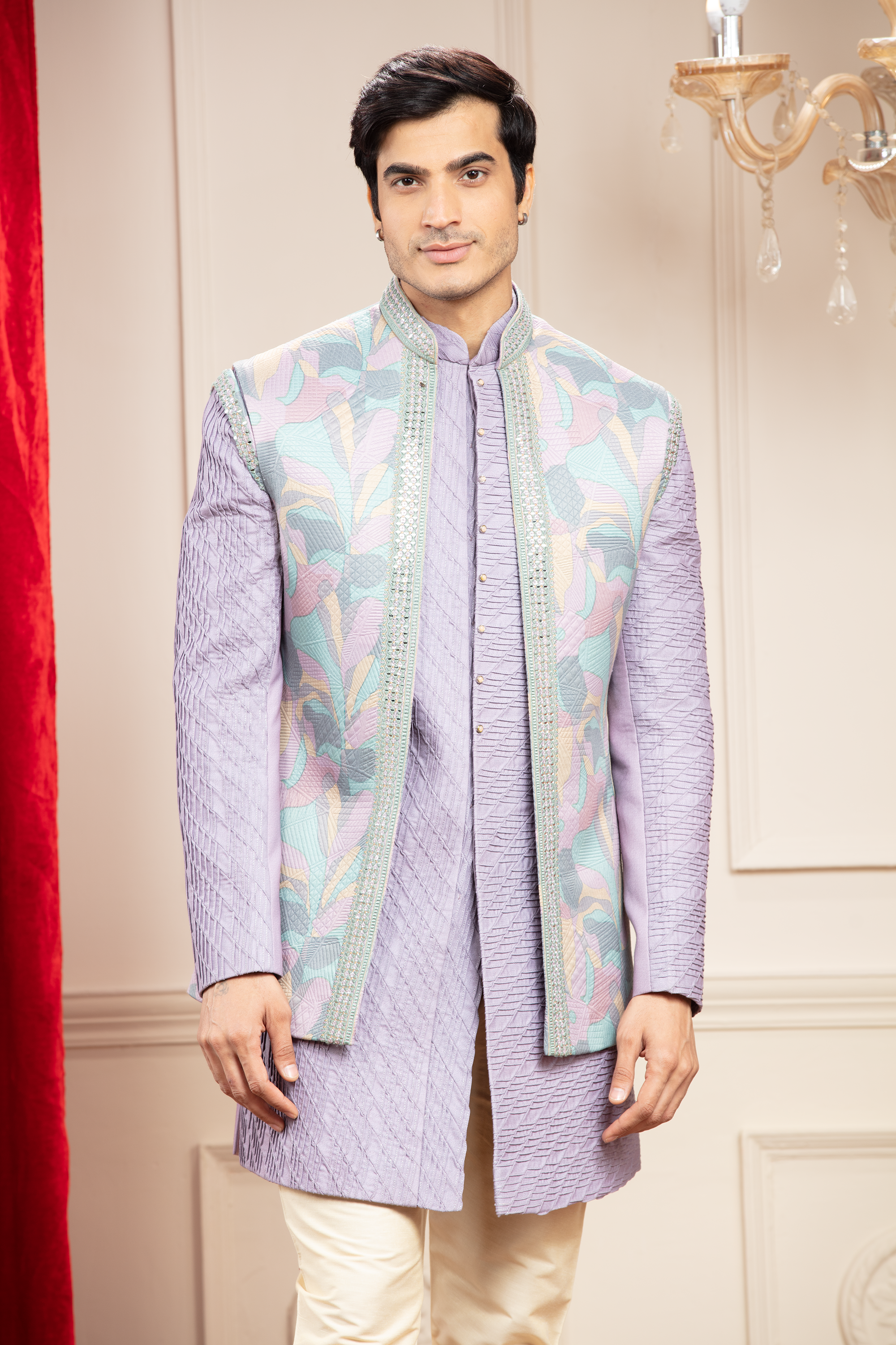Pale Lilac Open Indo western set with sleeveless floral jacket