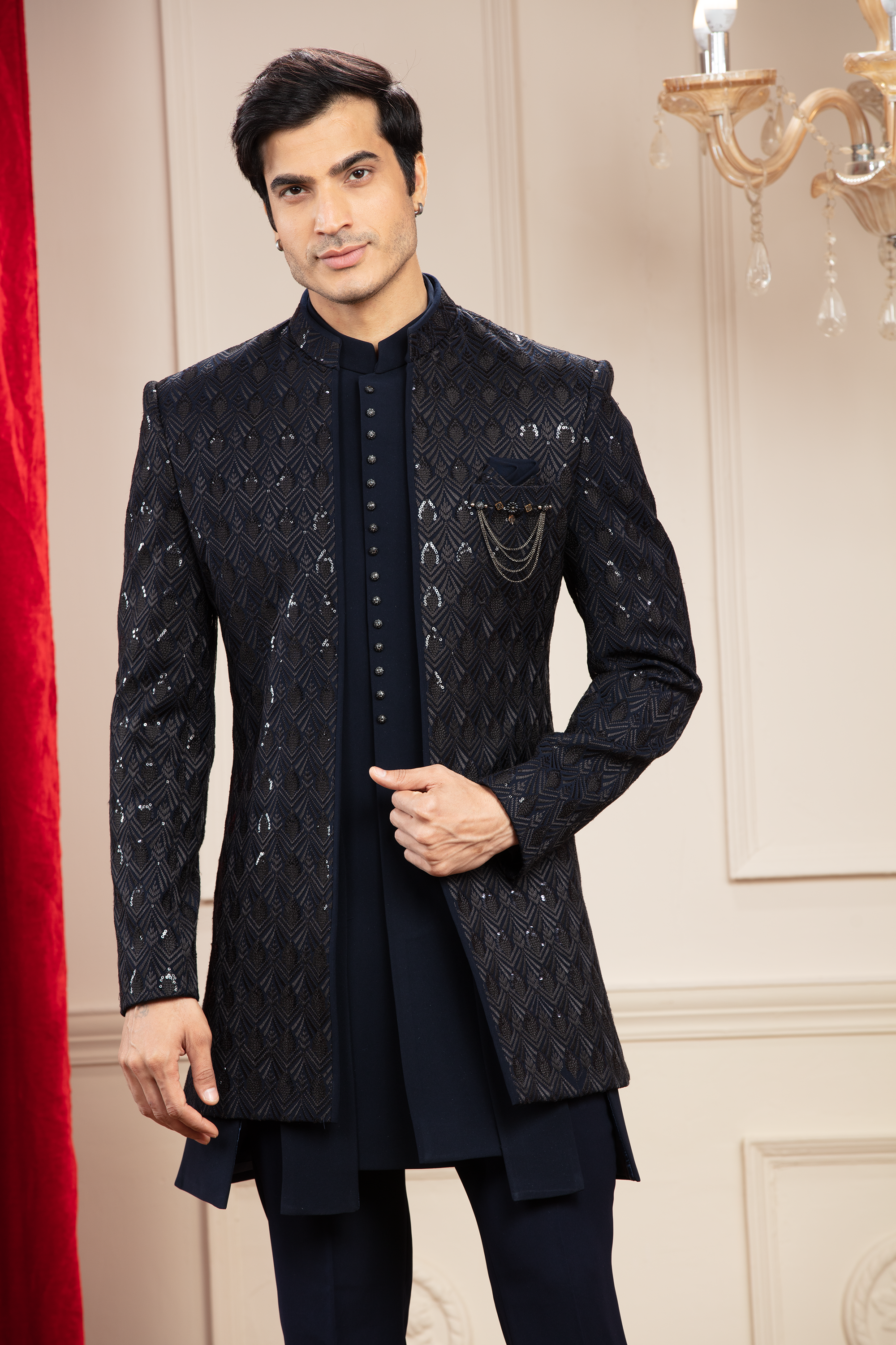 Charcoal Black Short Indo western set with sequins work