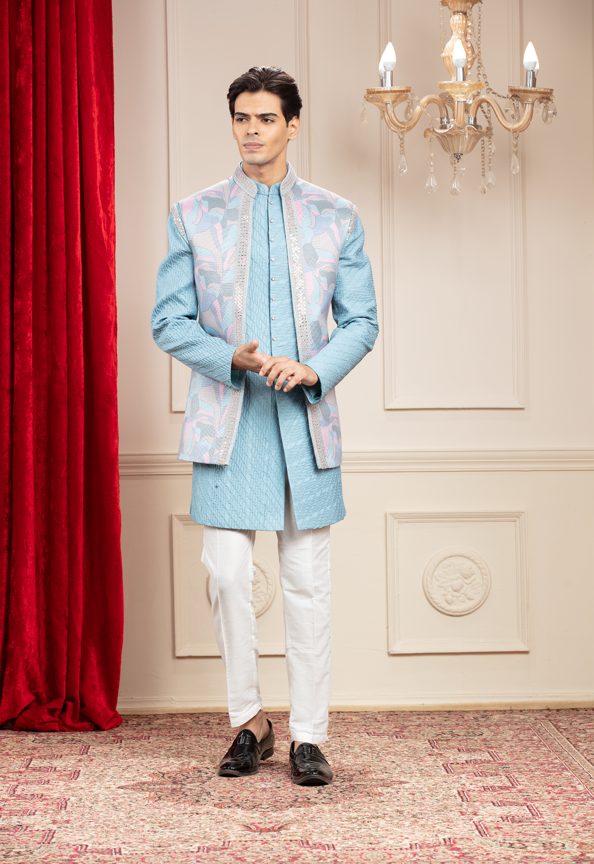 Firozi Blue Open Indo Western with floral jacket and resham self work