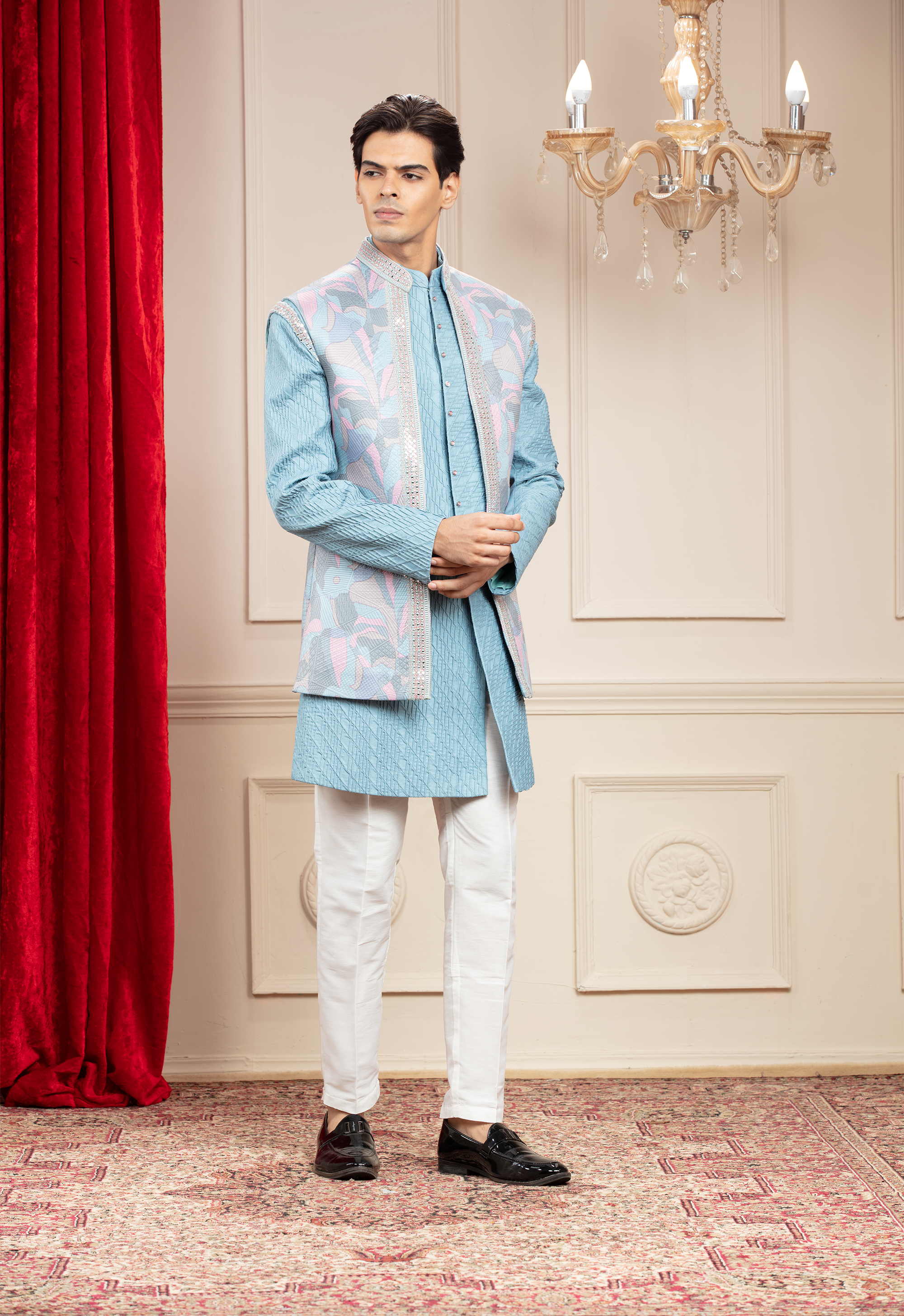 Firozi Blue Open Indo Western with floral jacket and resham self work