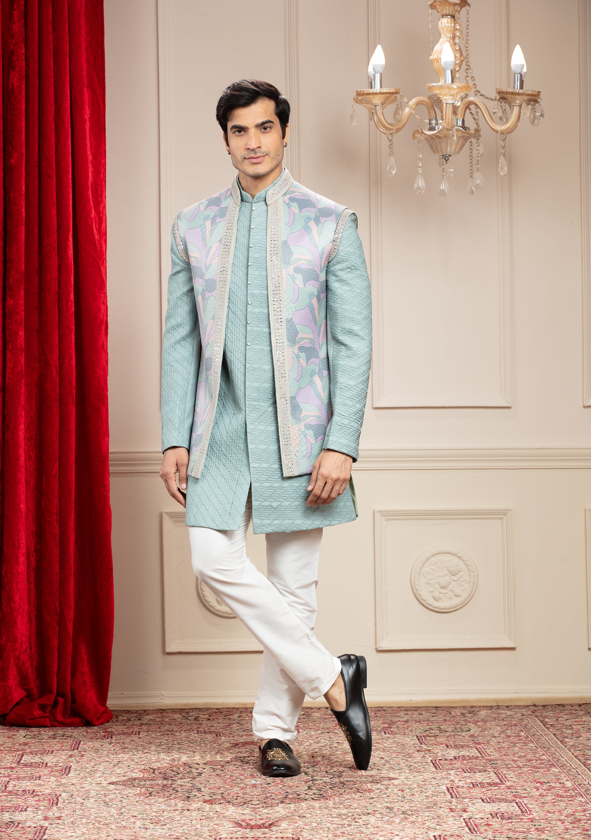 Pastel sea green Open Indo Western with floral jacket and resham self work