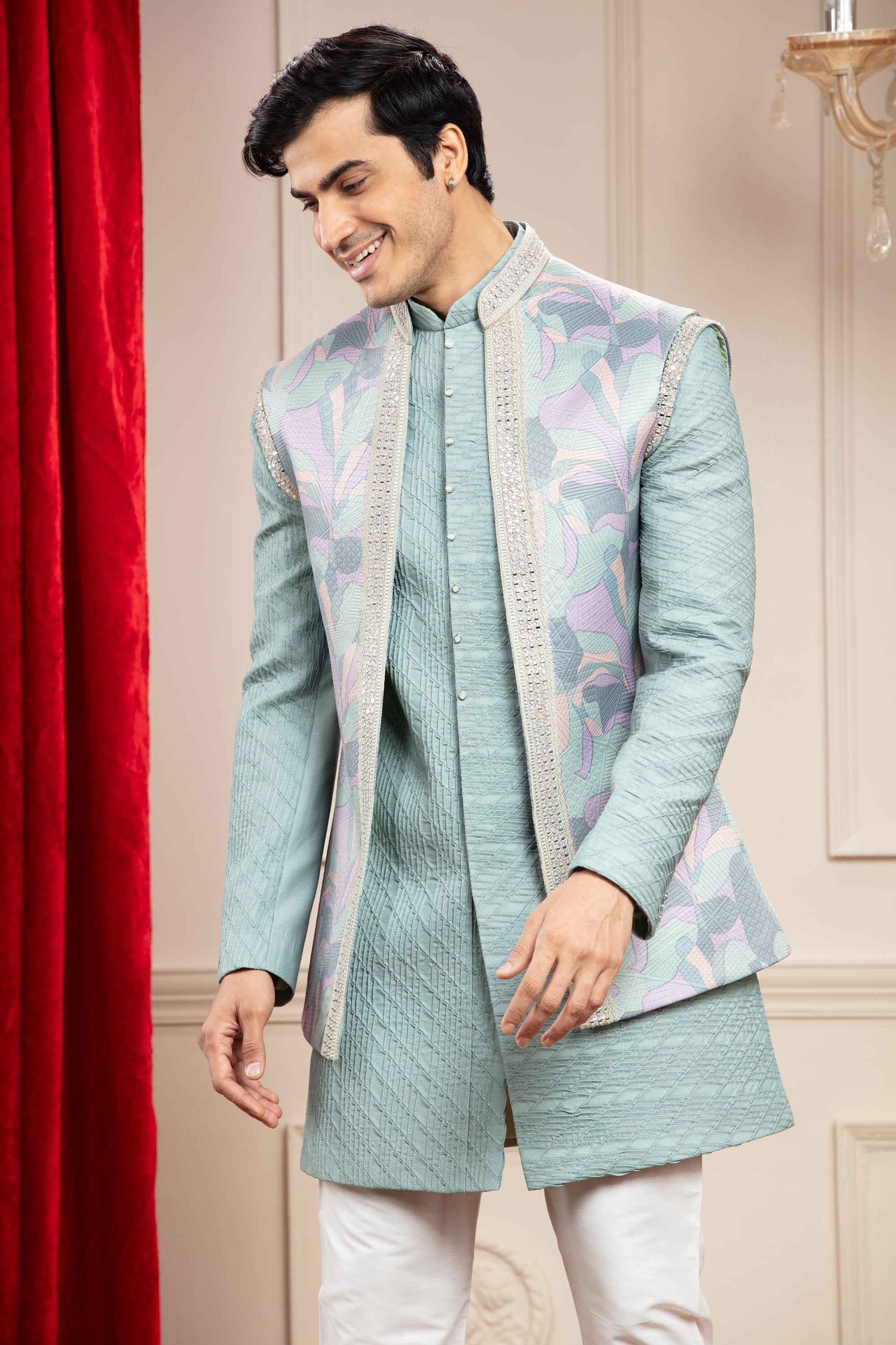 Pastel sea green Open Indo Western with floral jacket and resham self work