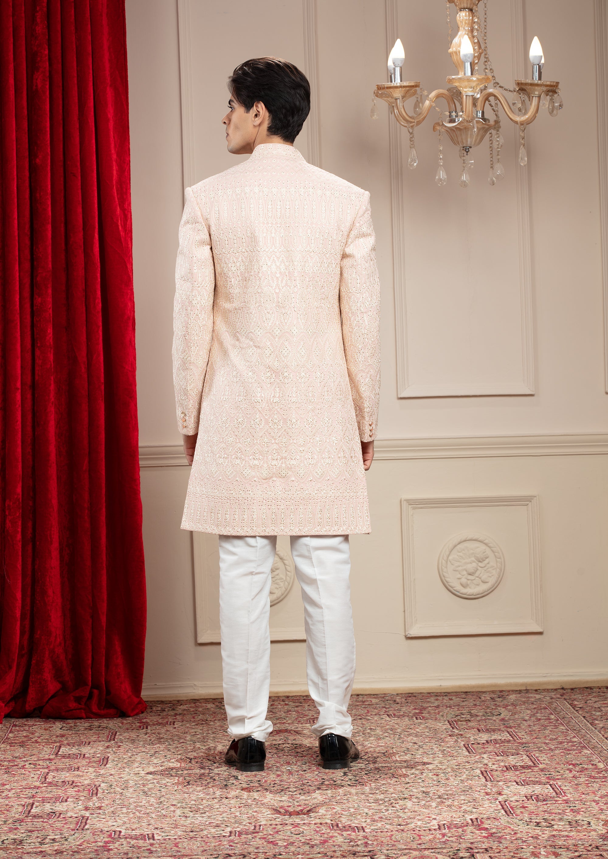 Light Melon Peach 2 layered open Indo western with resham work