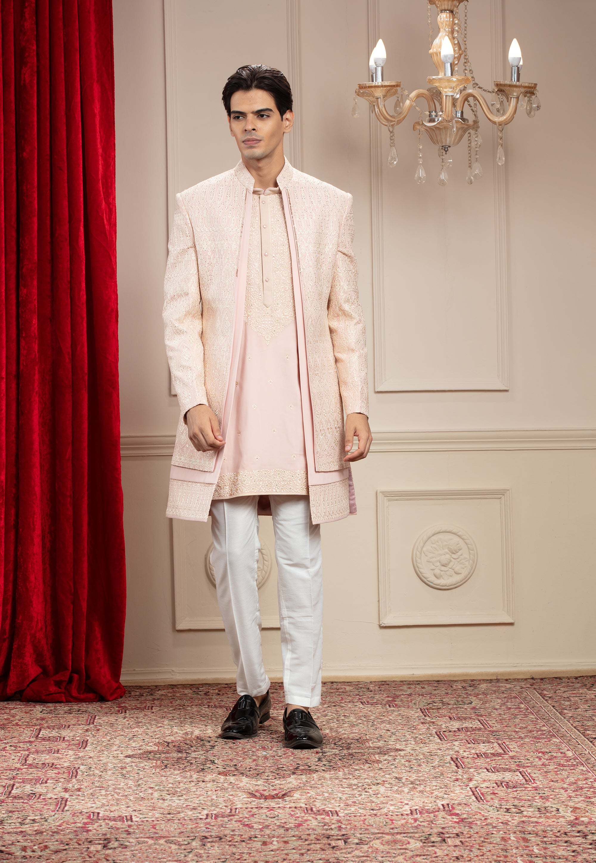 Light Melon Peach 2 layered open Indo western with resham work