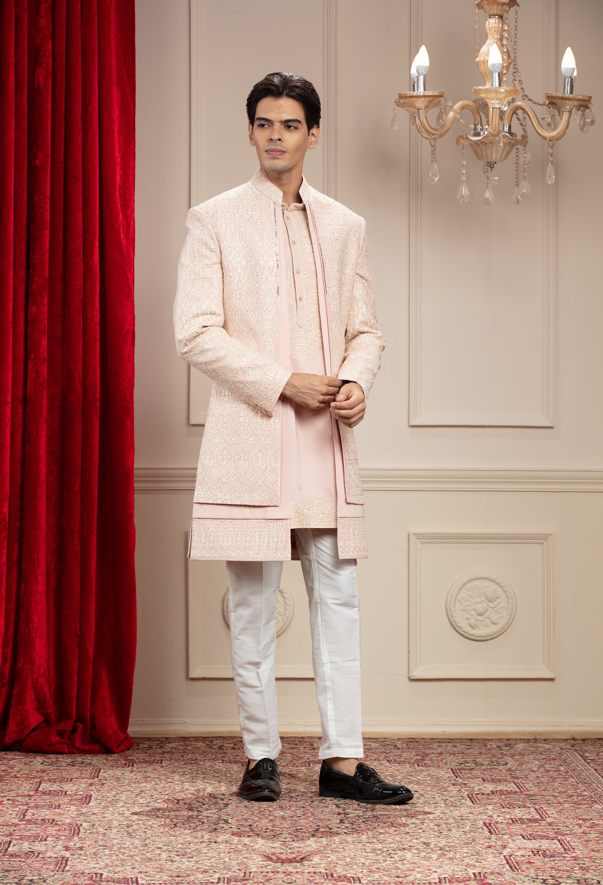 Light Melon Peach 2 layered open Indo western with resham work