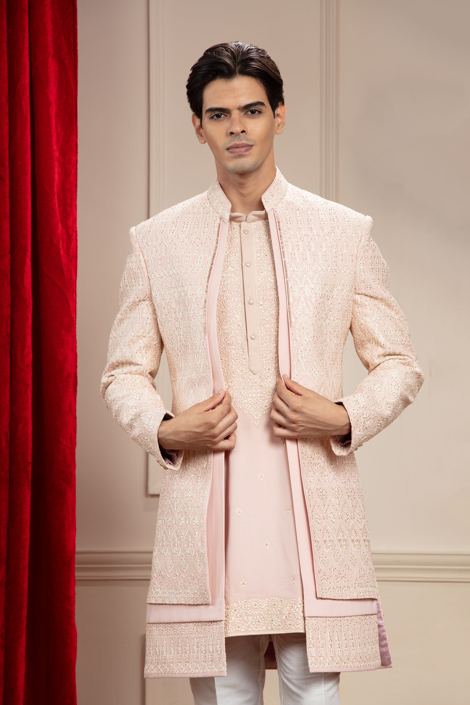 Light Melon Peach 2 layered open Indo western with resham work