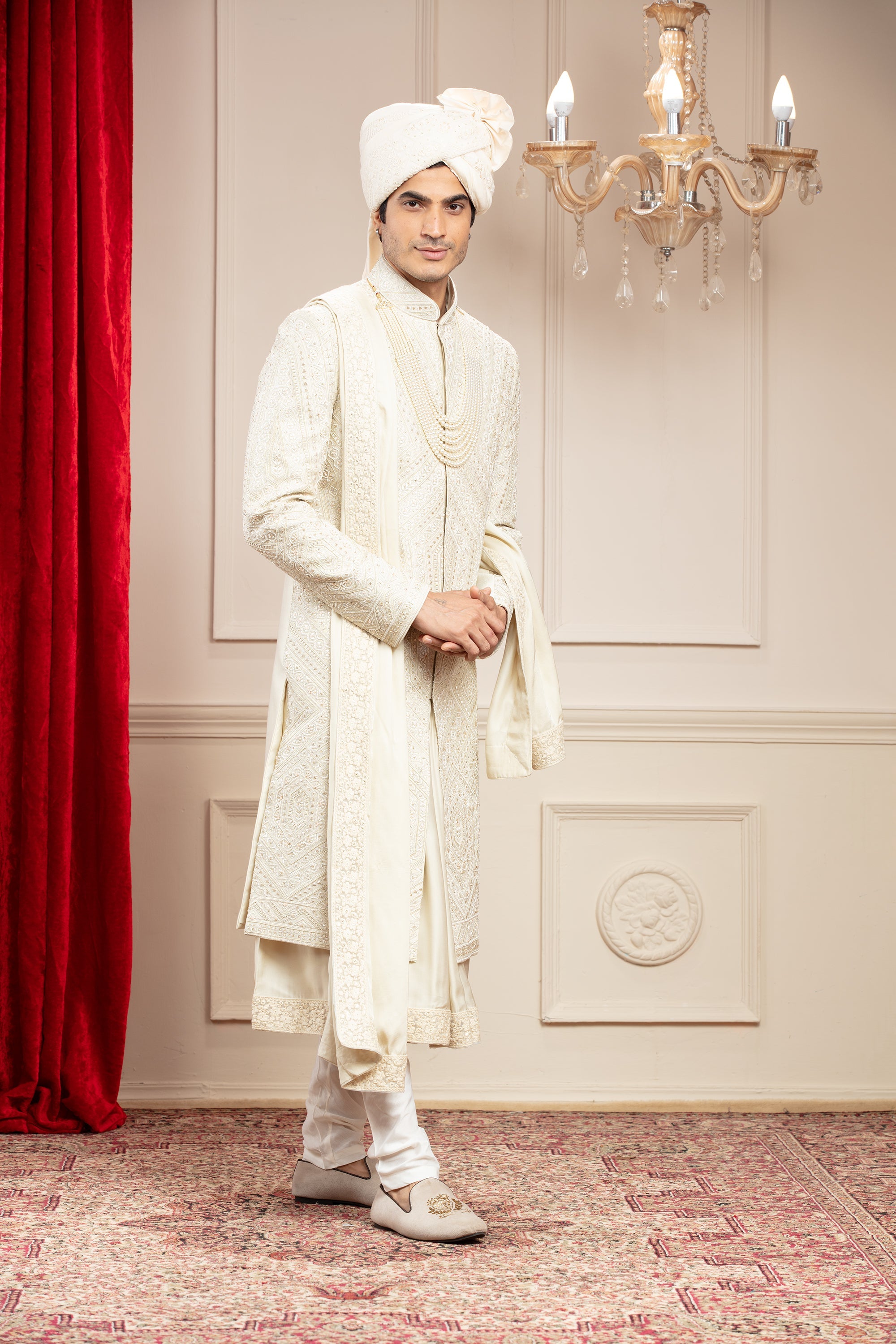 Cream White Anarkali Sherwani with matching Dupatta & embellishments