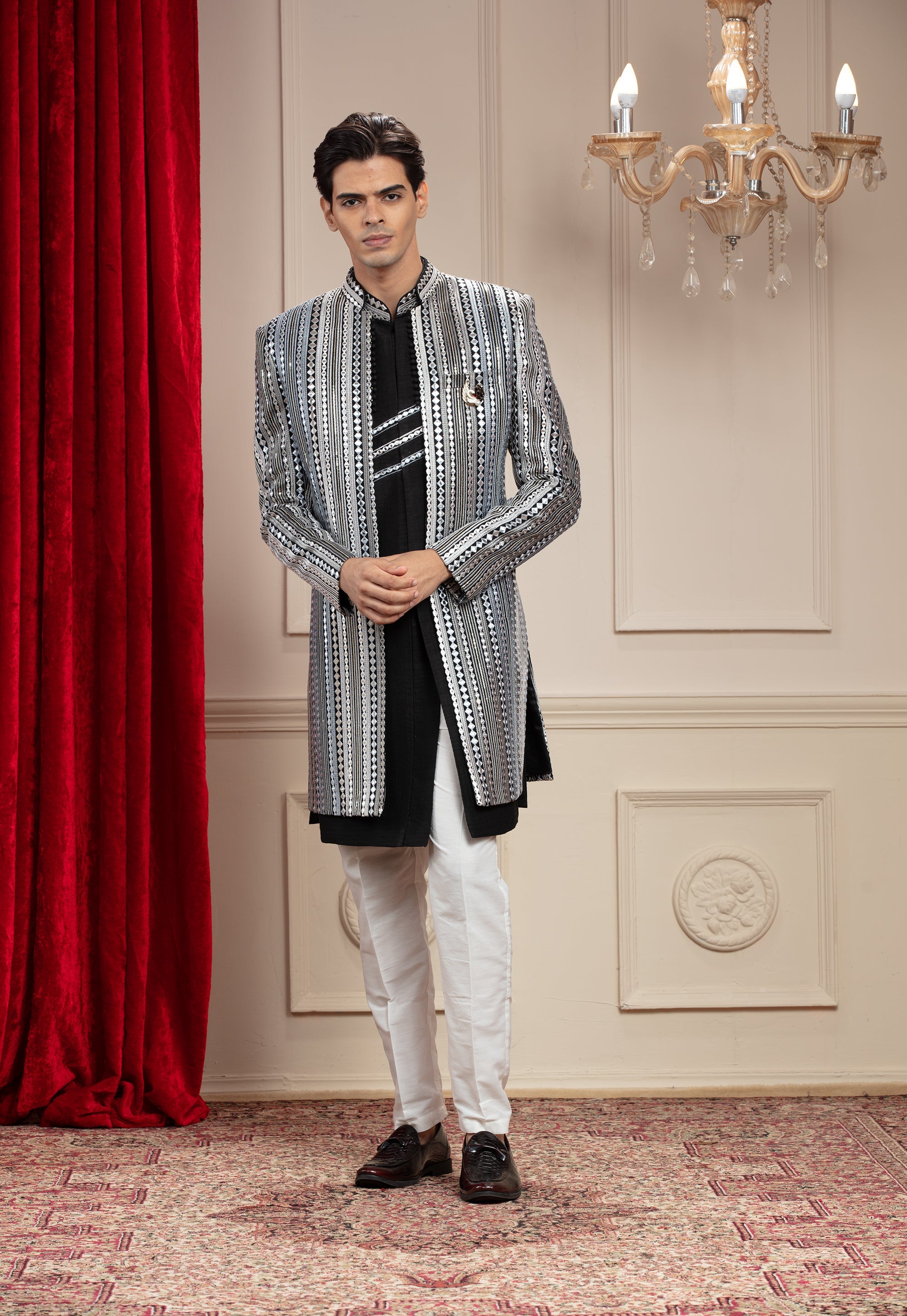 Onyx Black Open indo western with mirror and sequins work and embellishments