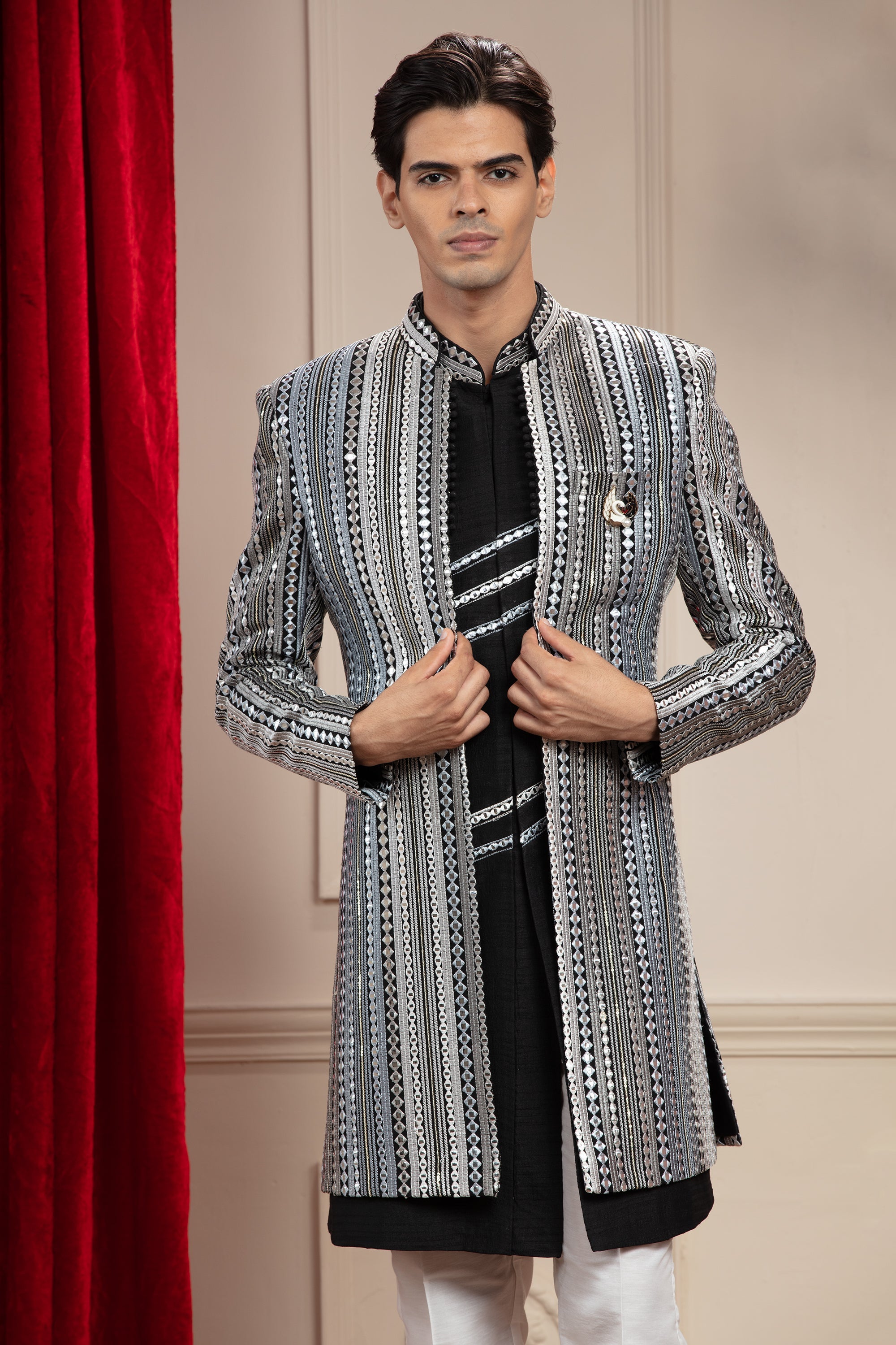 Onyx Black Open indo western with mirror and sequins work and embellishments