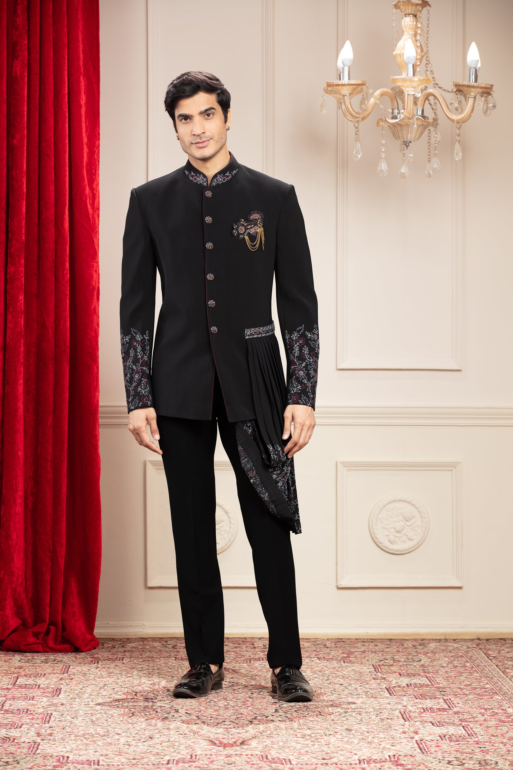 Jet Black Jodhpuri set with draping kurta, hand embroidery and embellishments