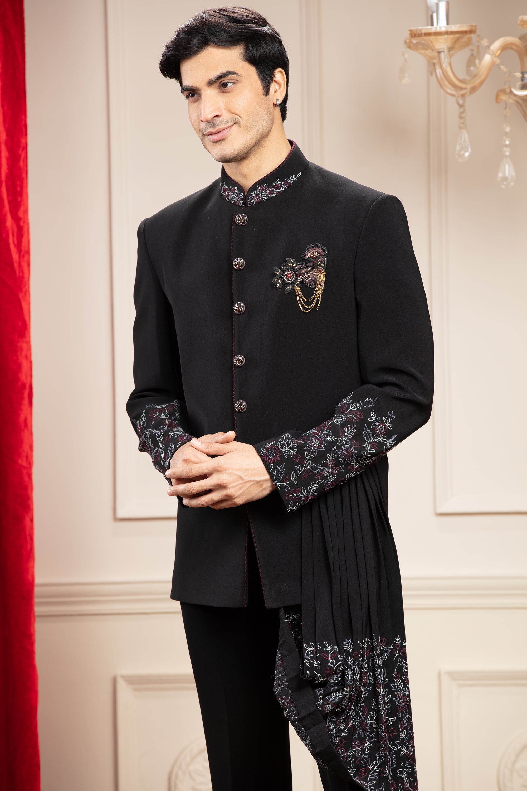 Jet Black Jodhpuri set with draping kurta, hand embroidery and embellishments