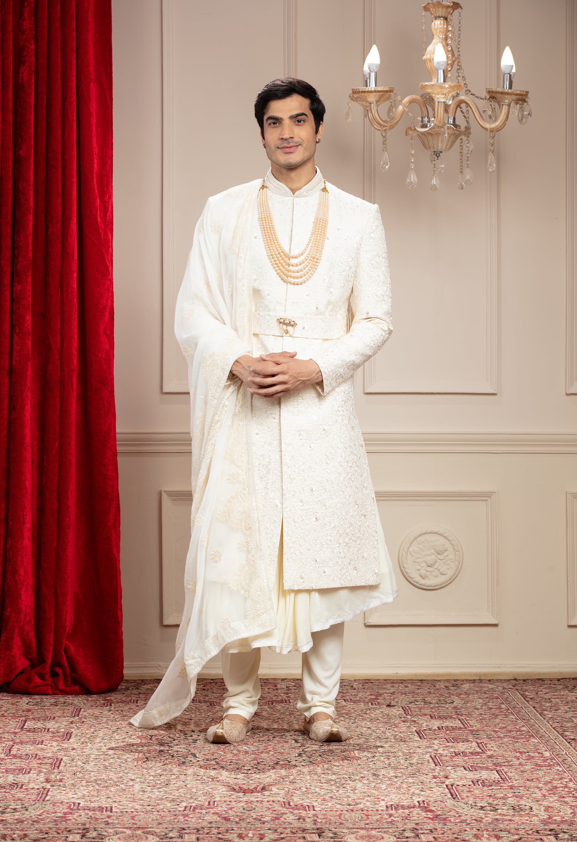 Cream White Anarkali Sherwani with mtaching Dupatta and embellishments