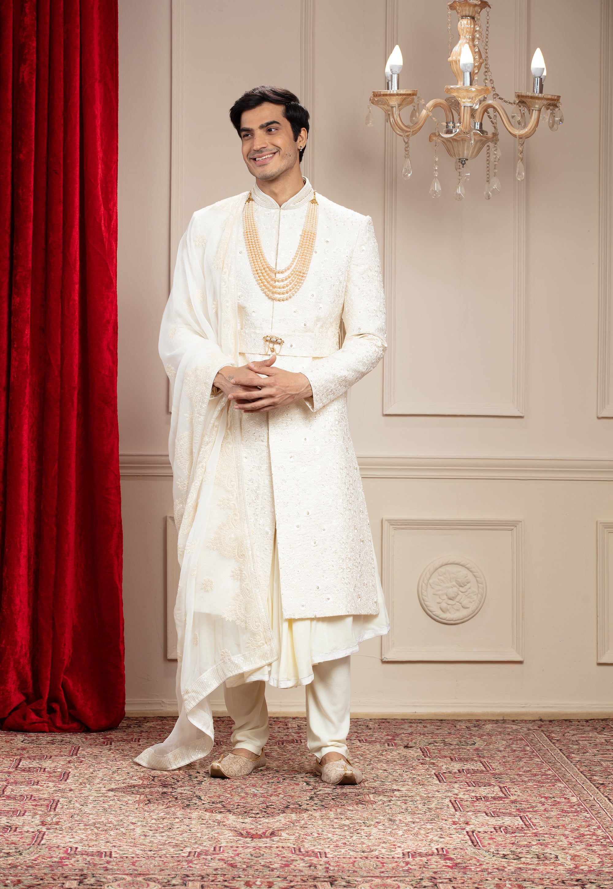 Cream White Anarkali Sherwani with mtaching Dupatta and embellishments