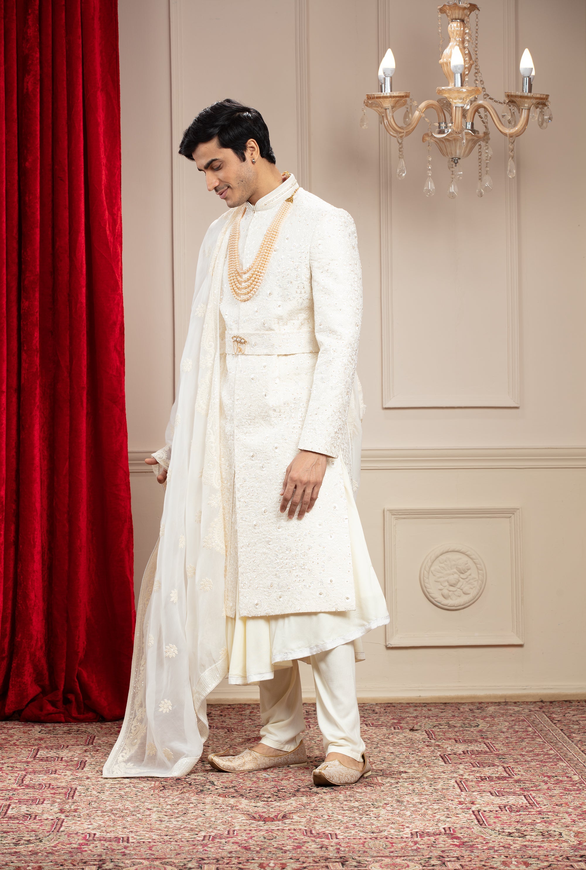 Cream White Anarkali Sherwani with mtaching Dupatta and embellishments