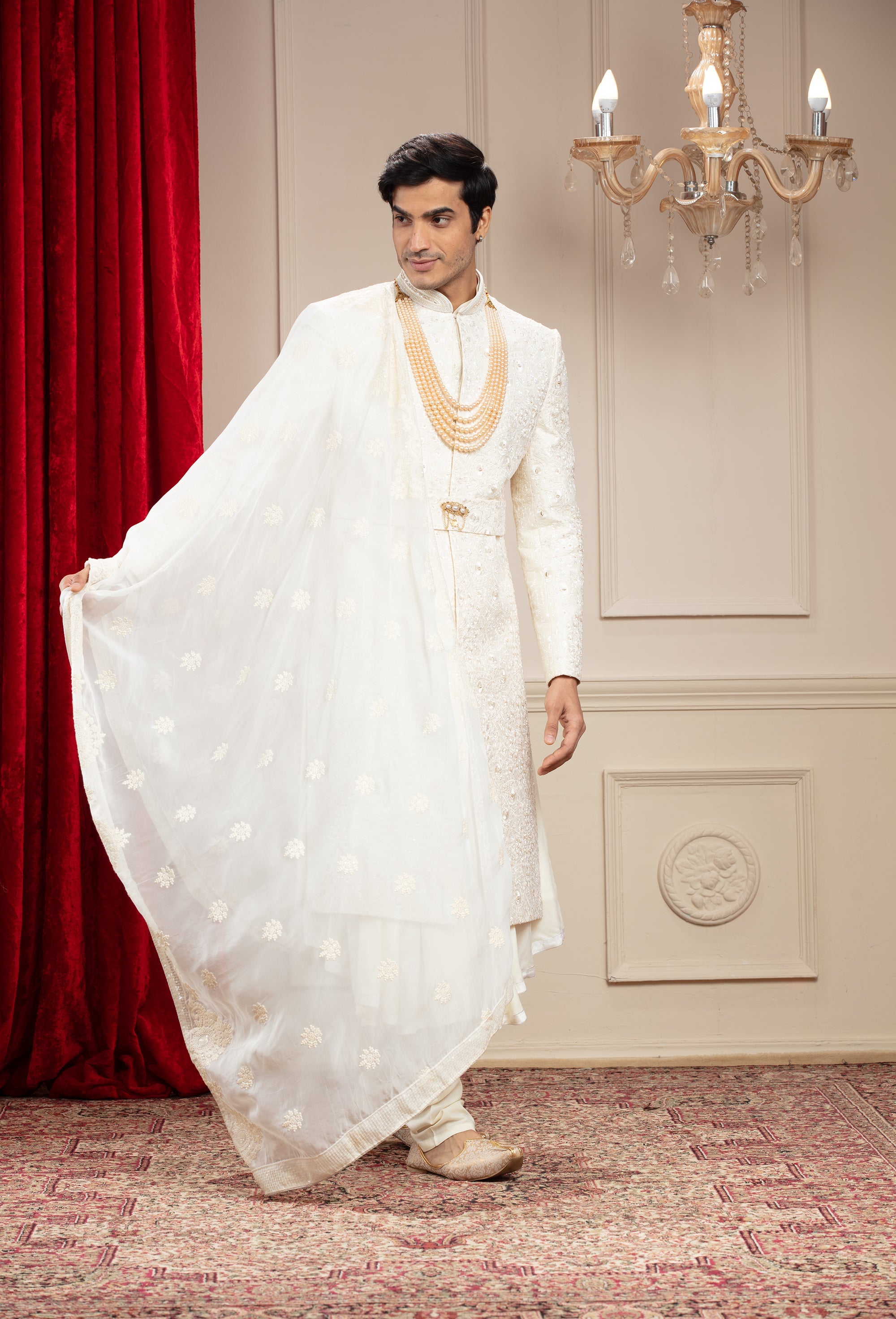 Cream White Anarkali Sherwani with mtaching Dupatta and embellishments