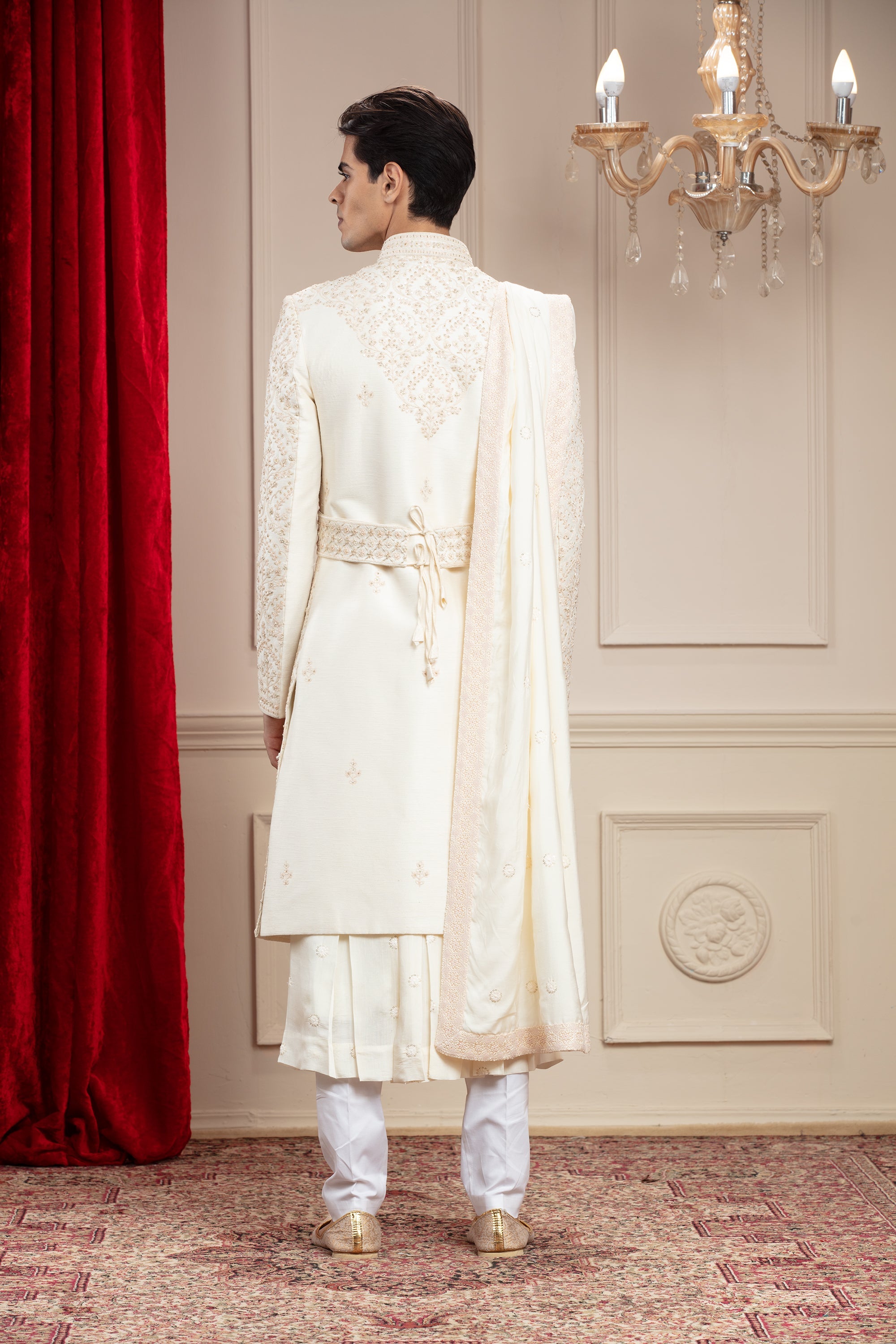 Cream White Lucknowi Sherwani with matching Dupatta and embellishments