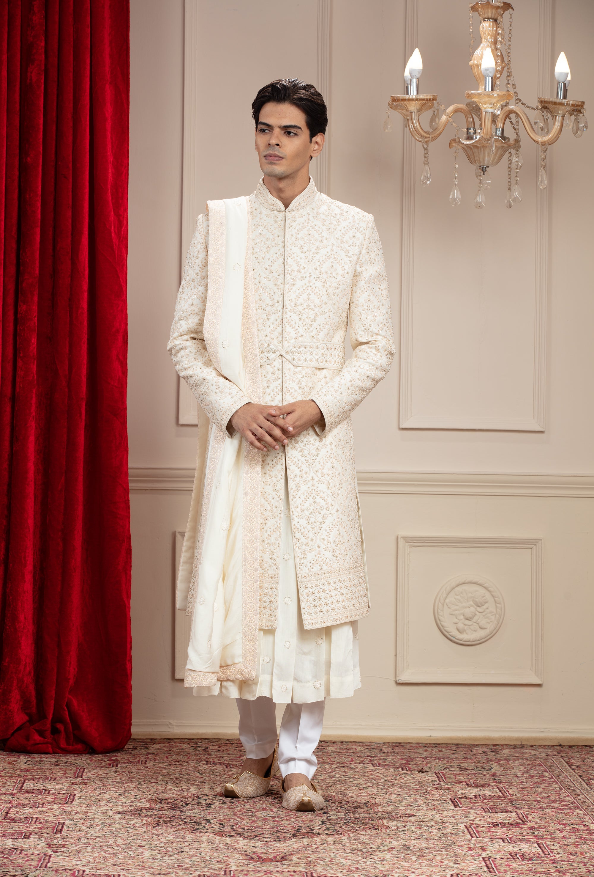 Cream White Lucknowi Sherwani with matching Dupatta and embellishments