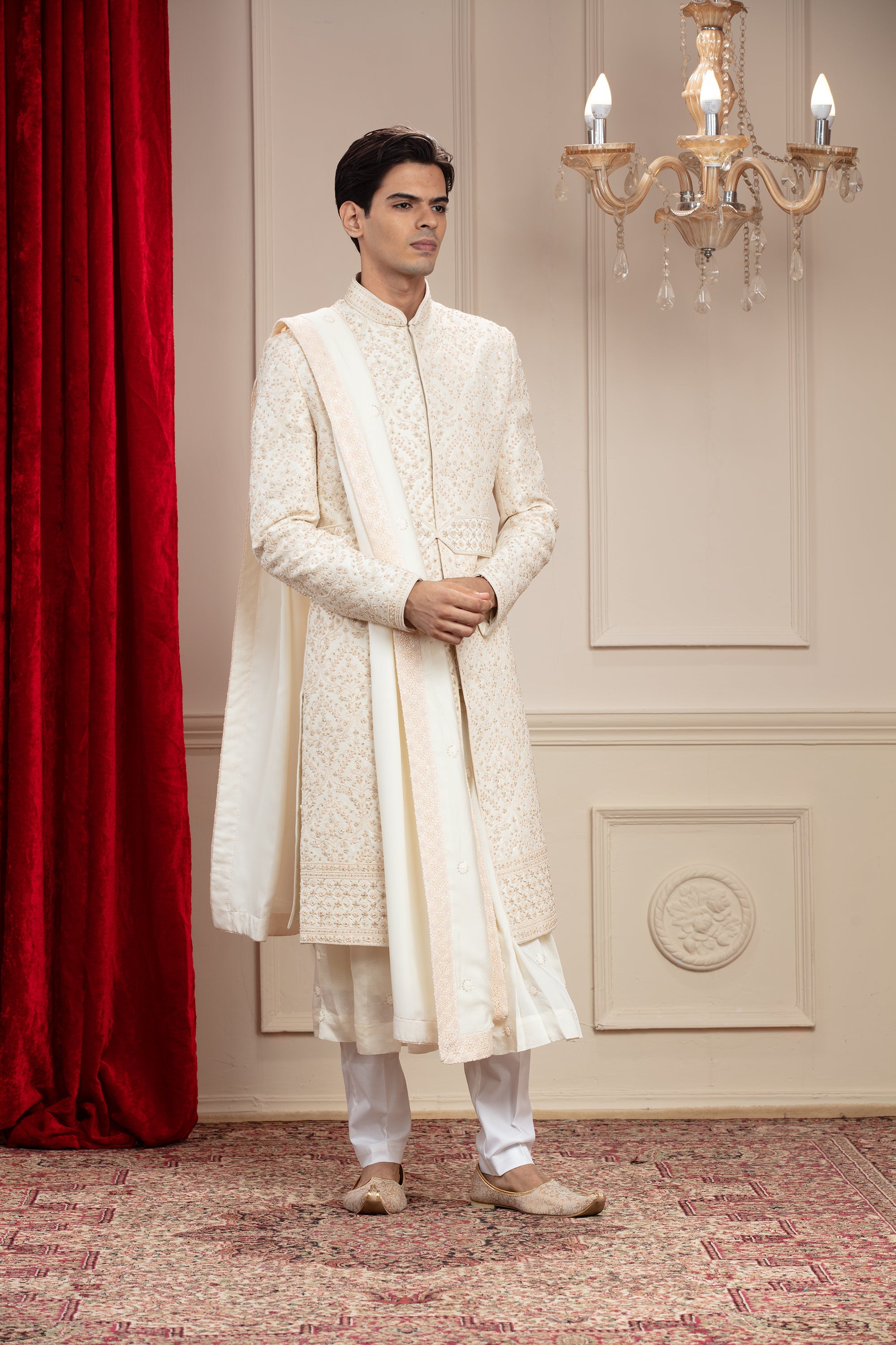 Cream White Lucknowi Sherwani with matching Dupatta and embellishments