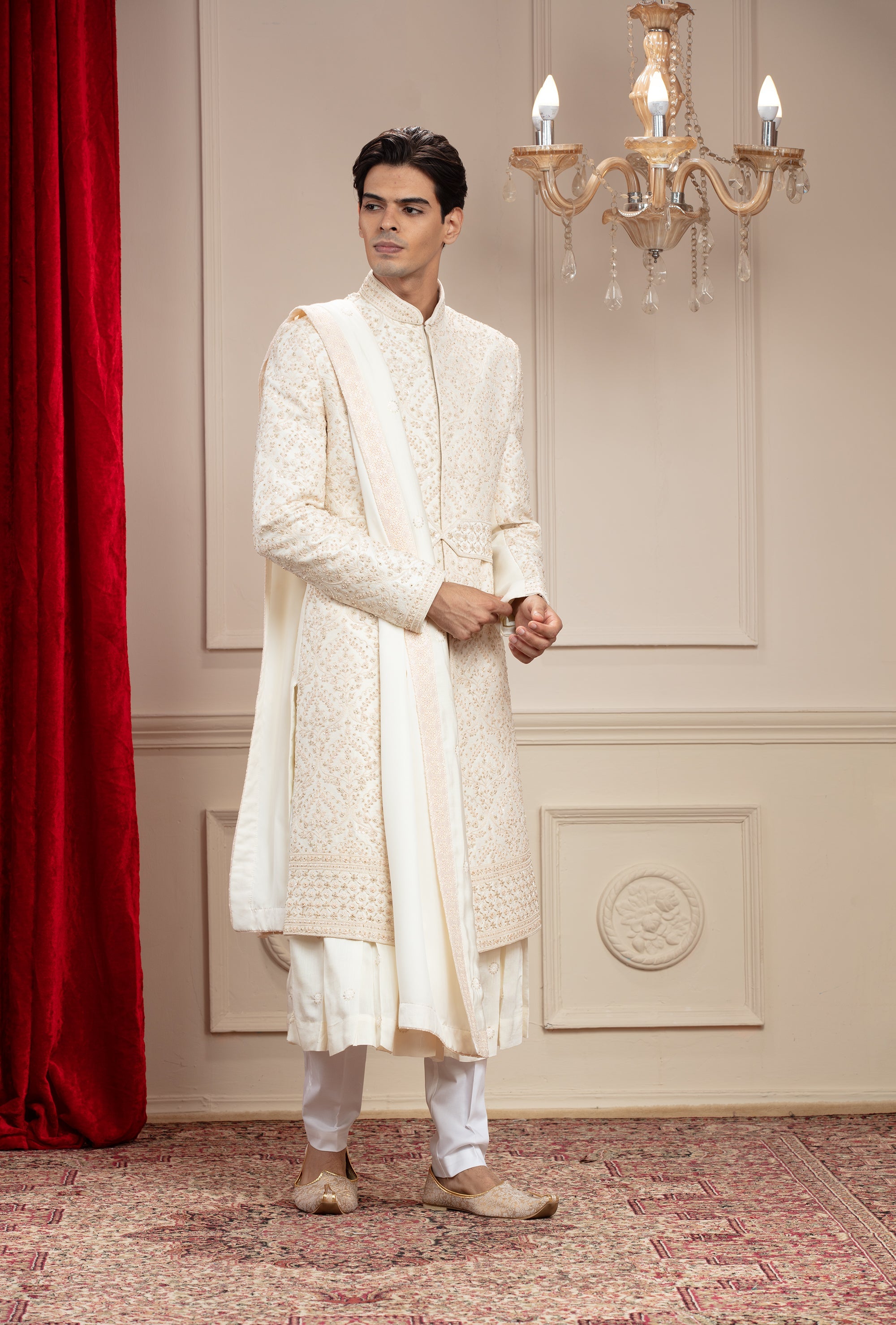 Cream White Lucknowi Sherwani with matching Dupatta and embellishments