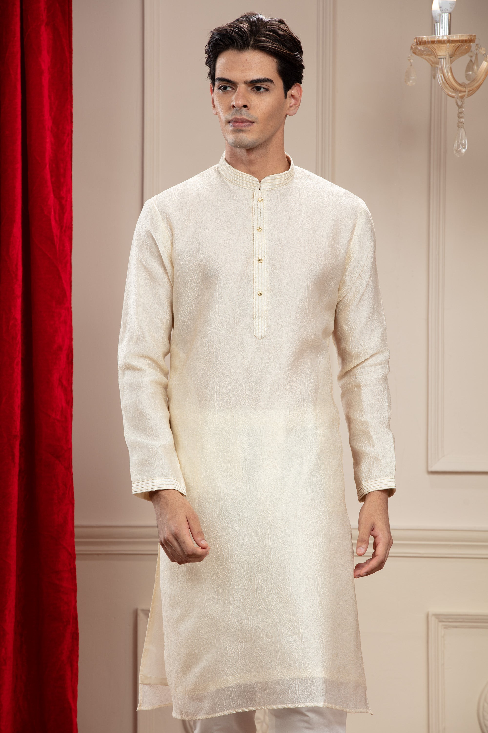 Alabaster White plain splendid silk kurta pajama set