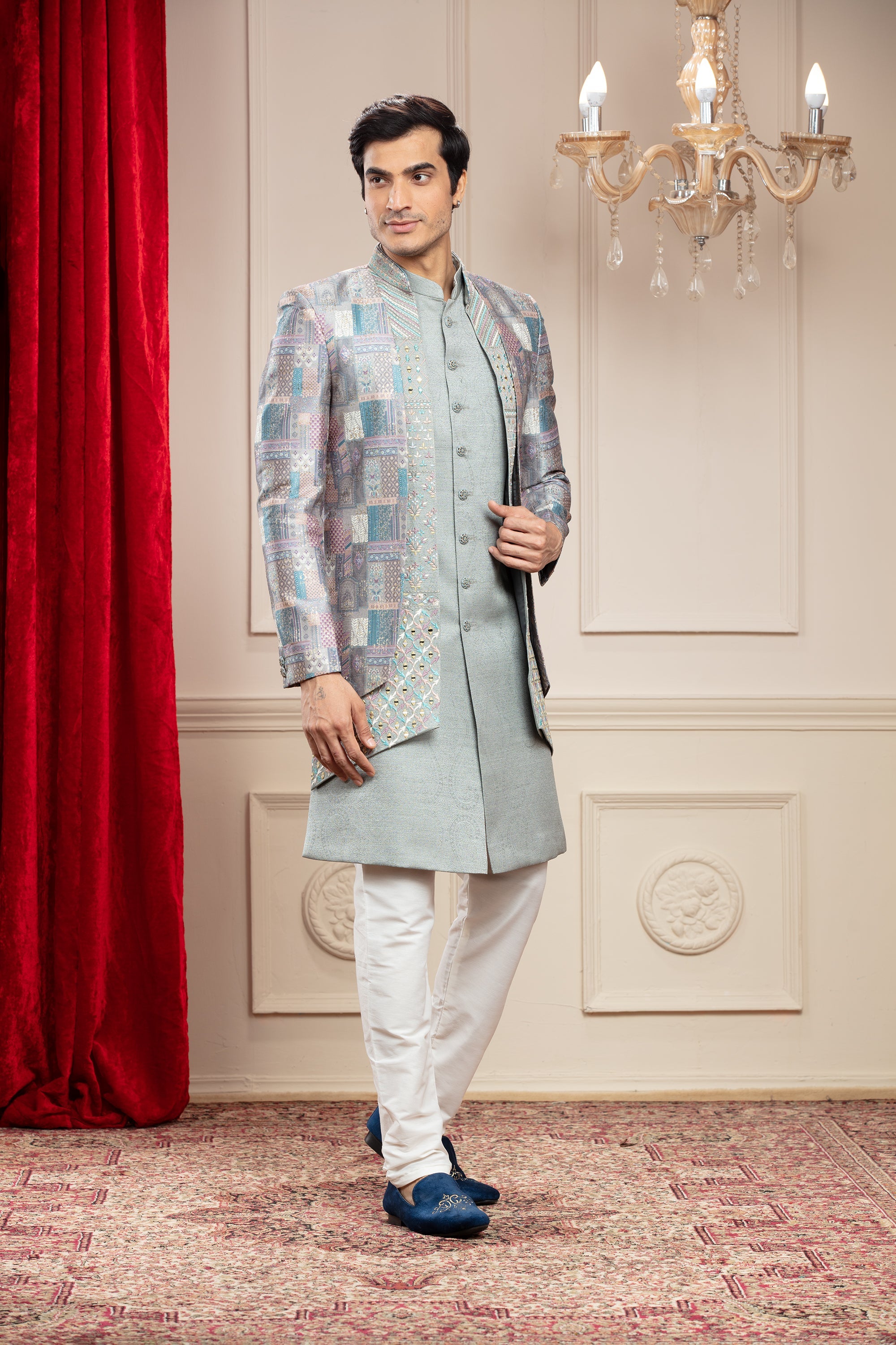 Slate Grey 3 layered open Indo western set with metal buttons