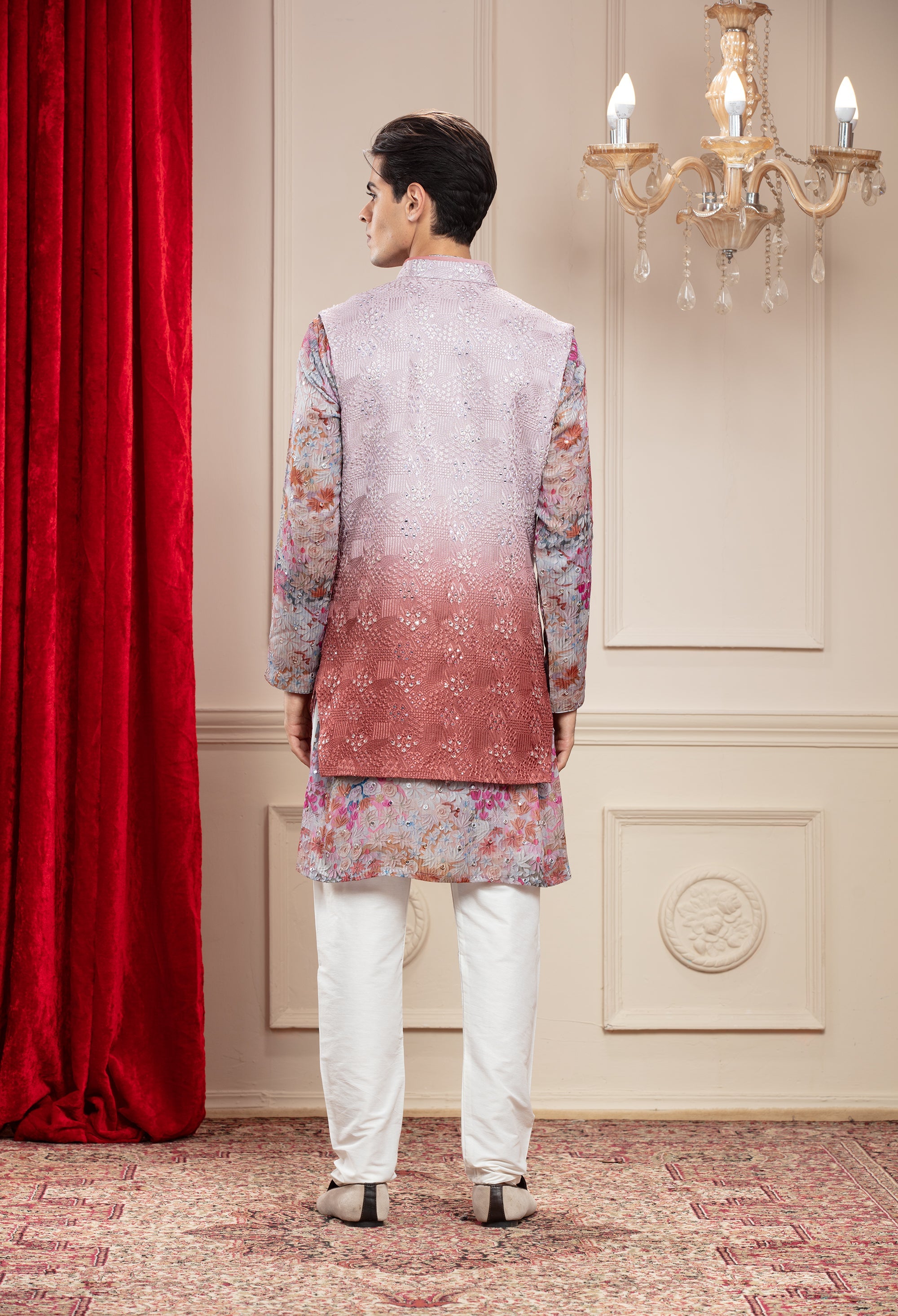 Brick Red and Silverish Grey Tie Die lucknowi printed Open Indo Western set with thread and resham work