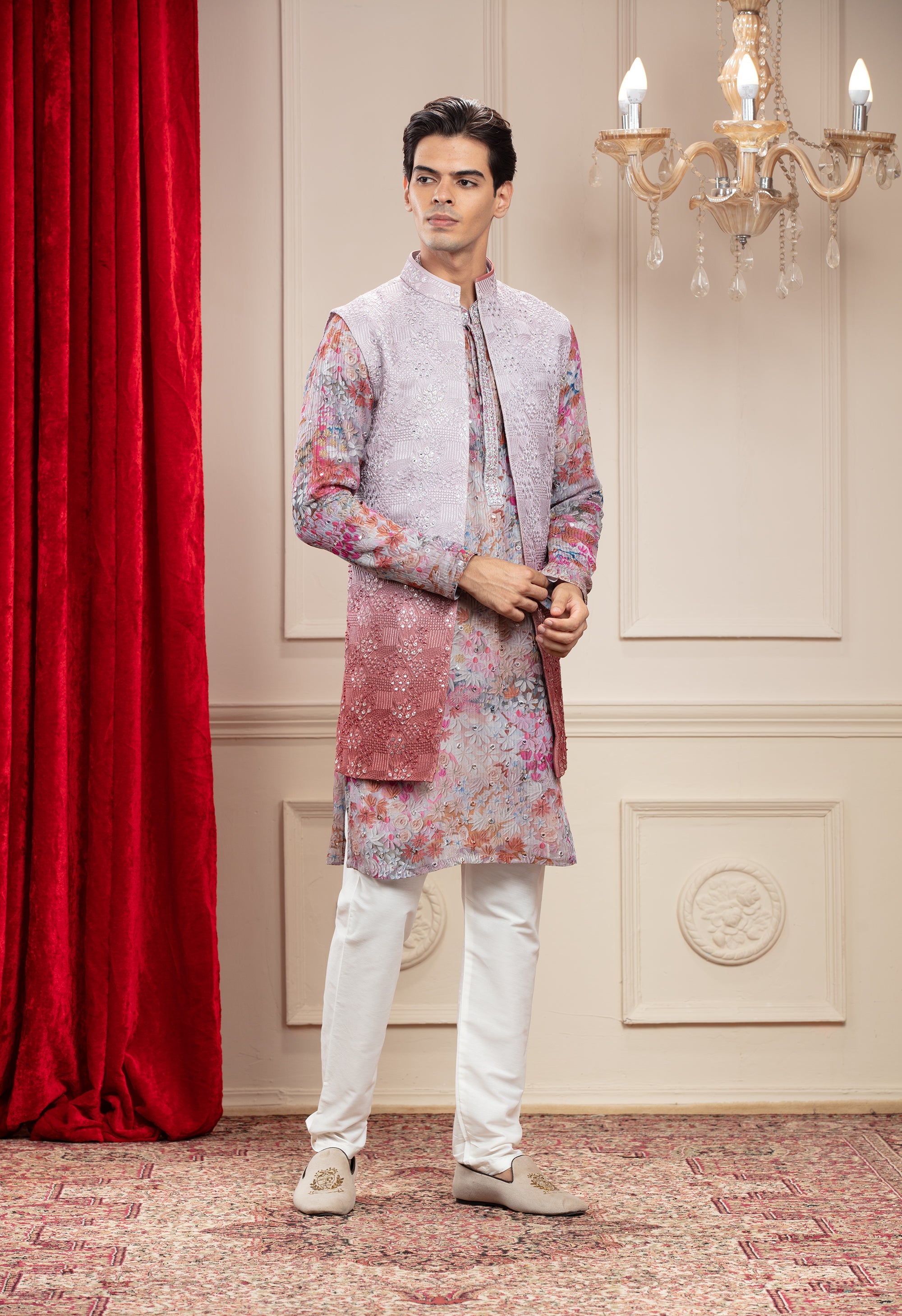 Brick Red and Silverish Grey Tie Die lucknowi printed Open Indo Western set with thread and resham work