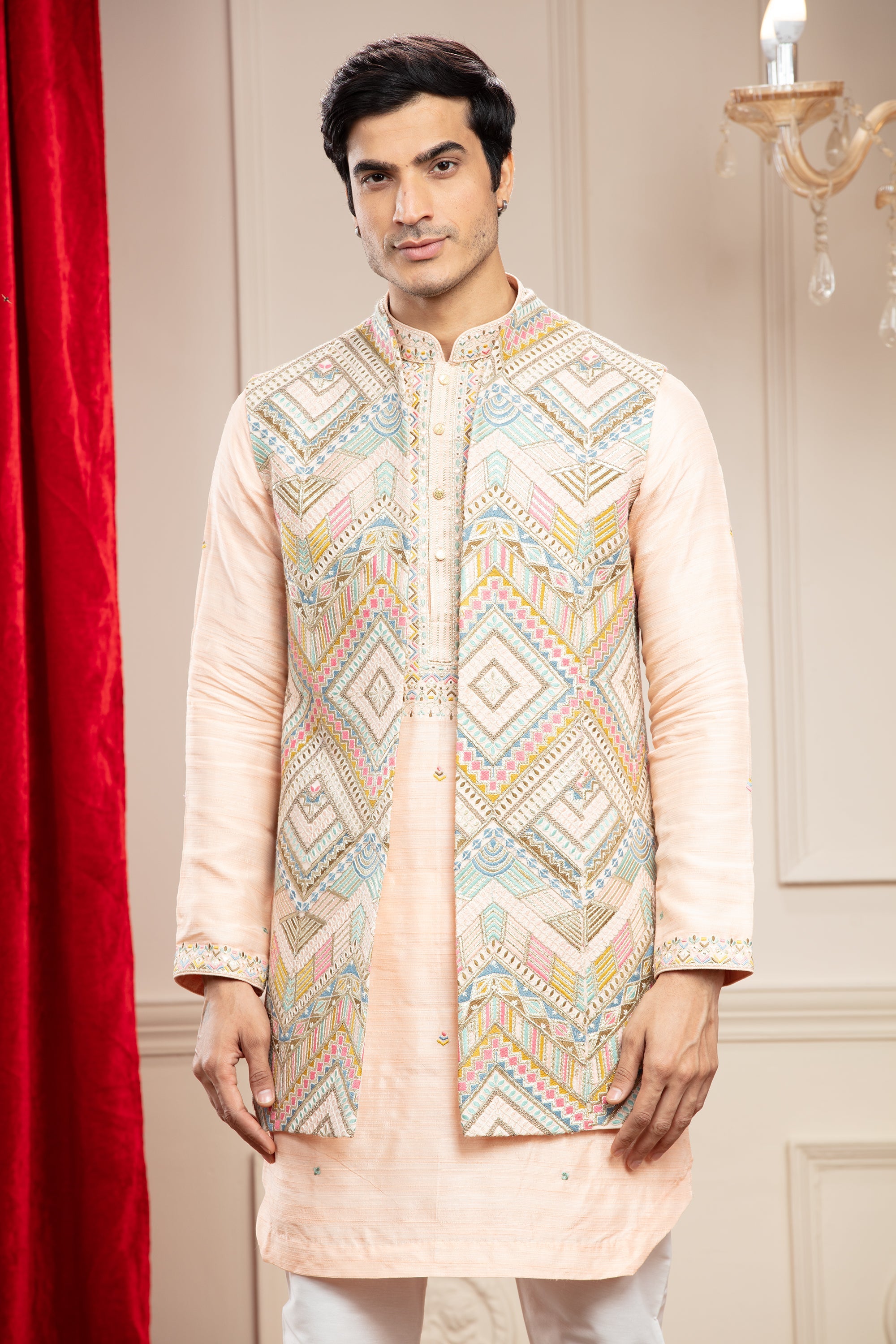 Apricot Peach and Multicoloured Open Indo Western Long Jacket set with hand embroidery and aplic work