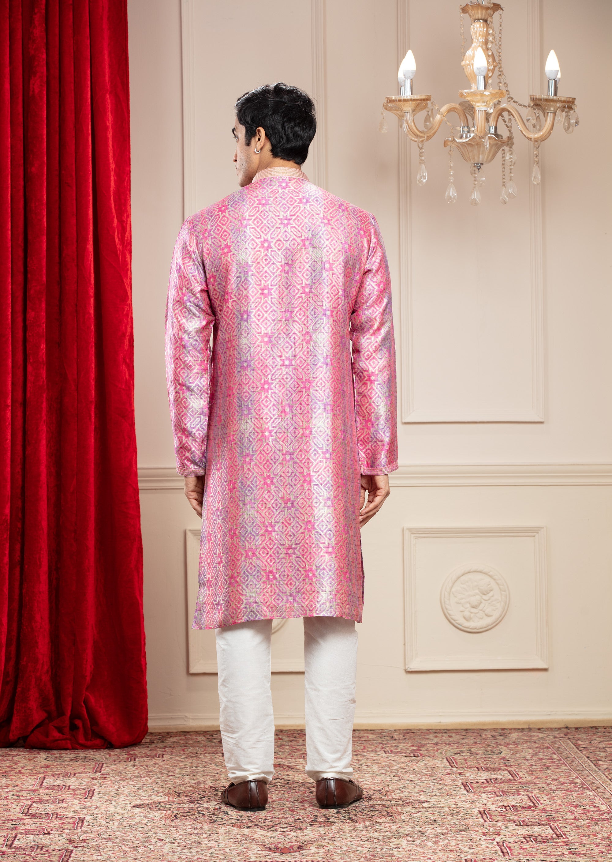 Flamingo Pink Printed Banarasi silk kurta pajama set