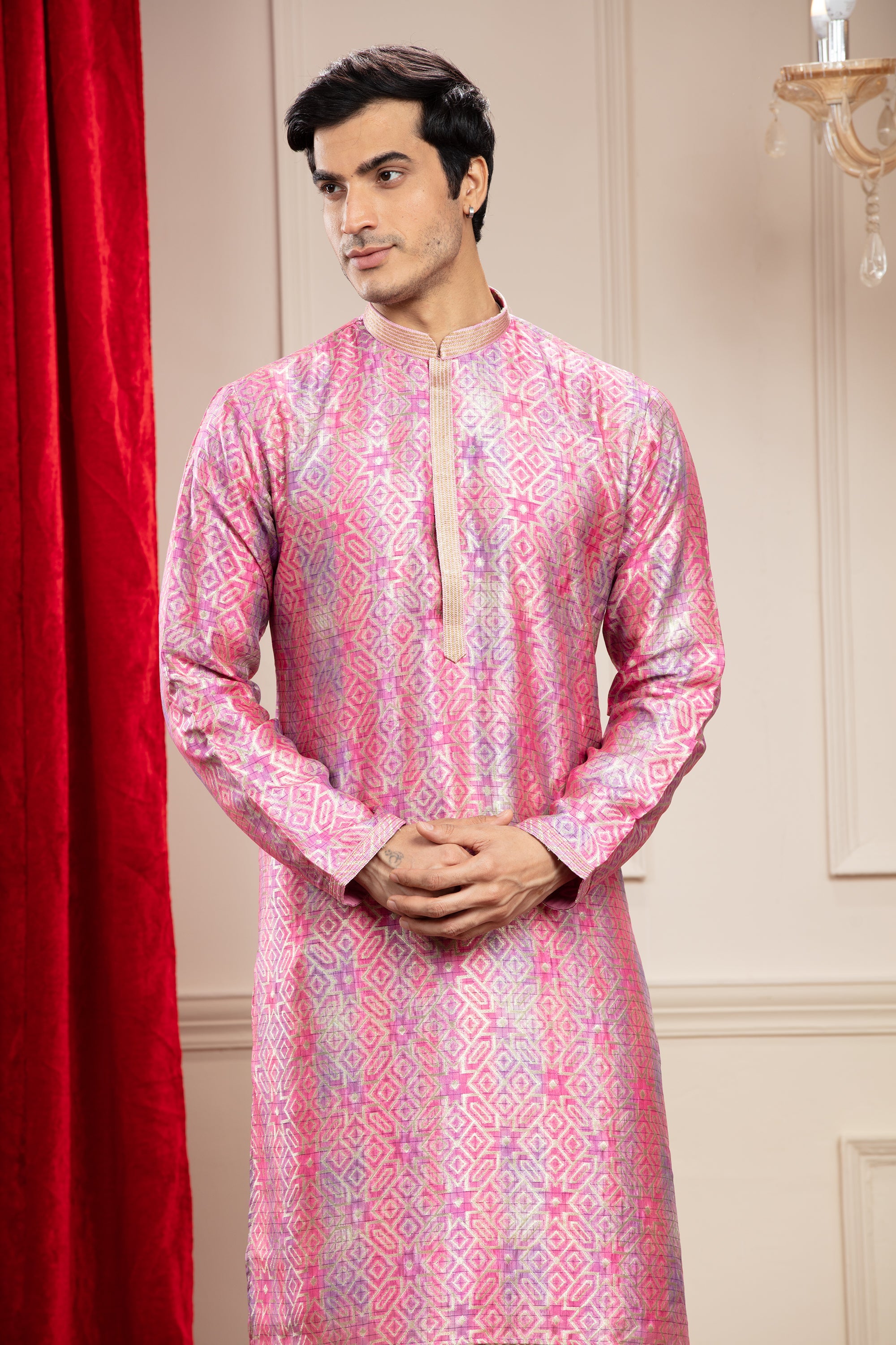 Flamingo Pink Printed Banarasi silk kurta pajama set