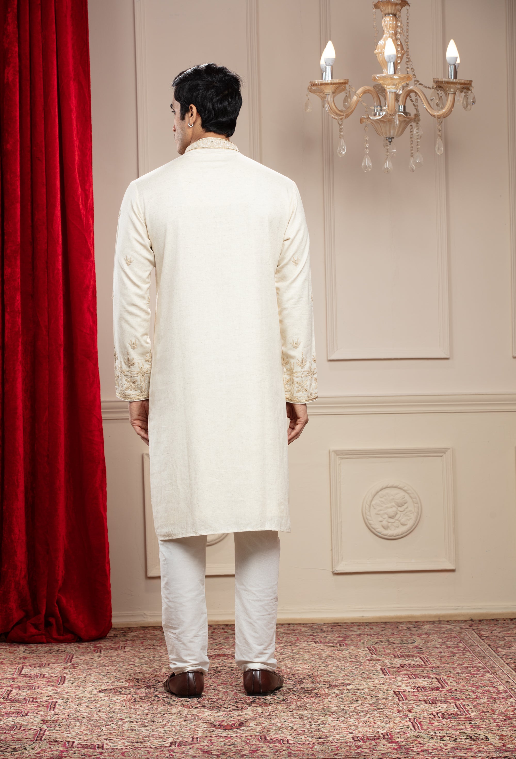 Cream White kurta pajama Set with resham and zardosi work