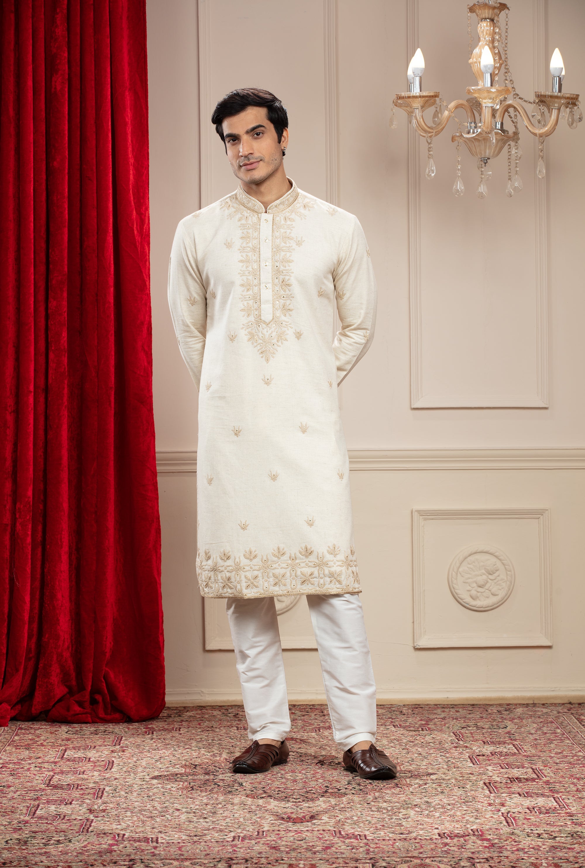 Cream White kurta pajama Set with resham and zardosi work