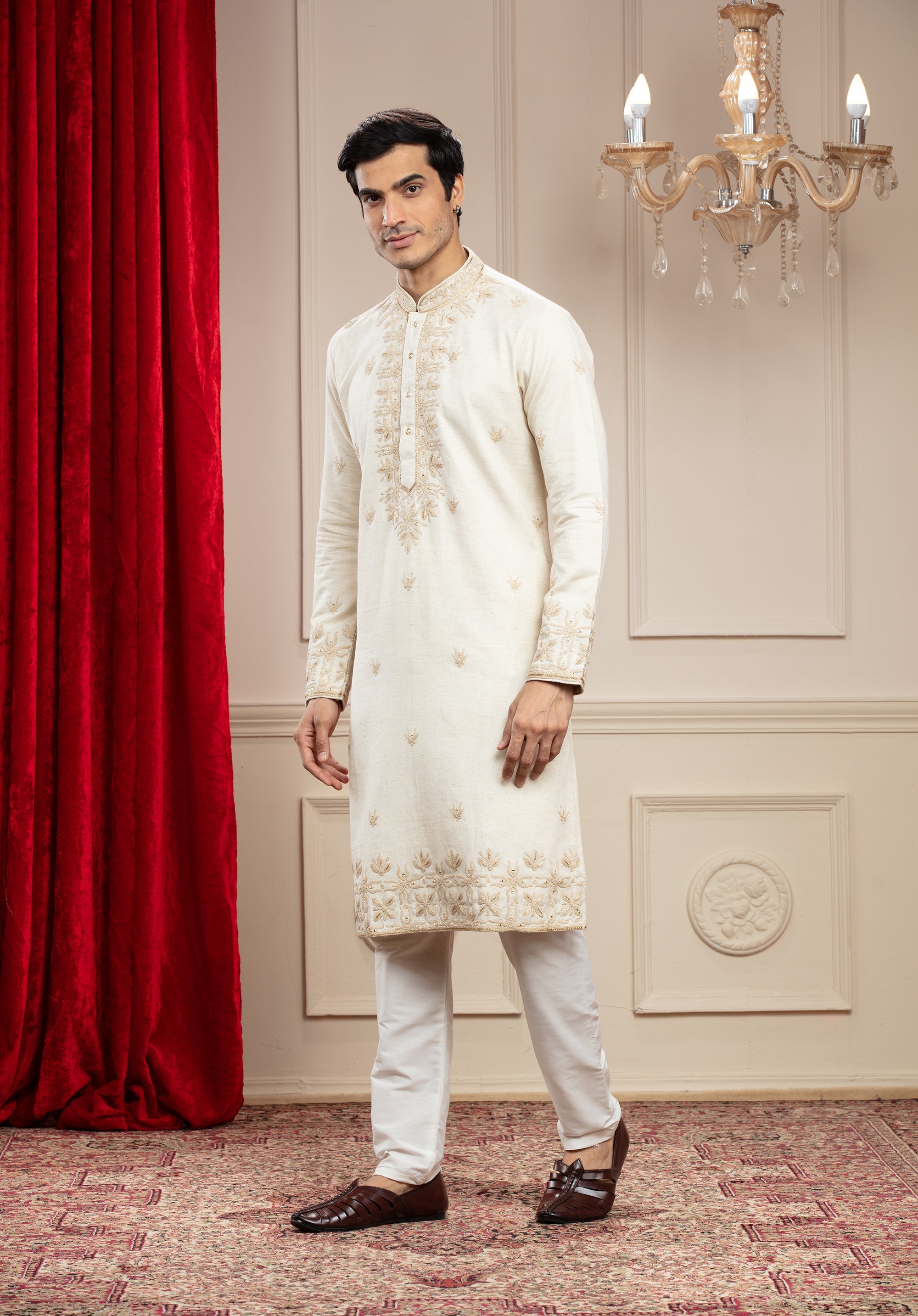 Cream White kurta pajama Set with resham and zardosi work