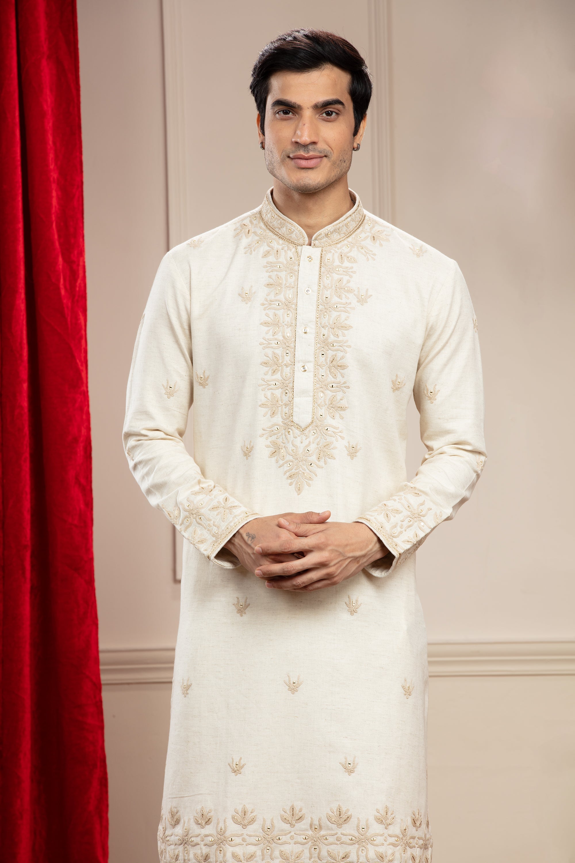 Cream White kurta pajama Set with resham and zardosi work