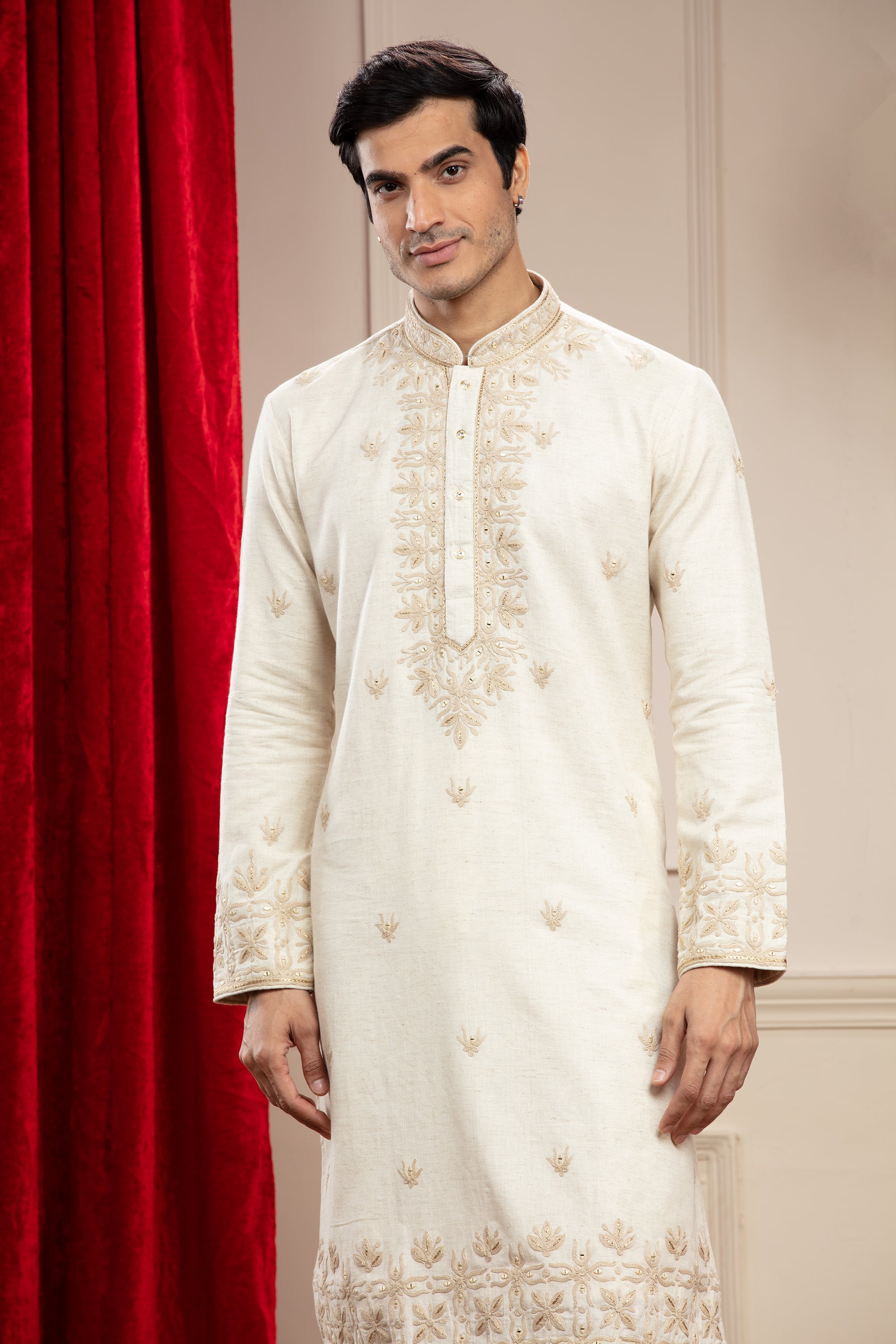 Cream White kurta pajama Set with resham and zardosi work