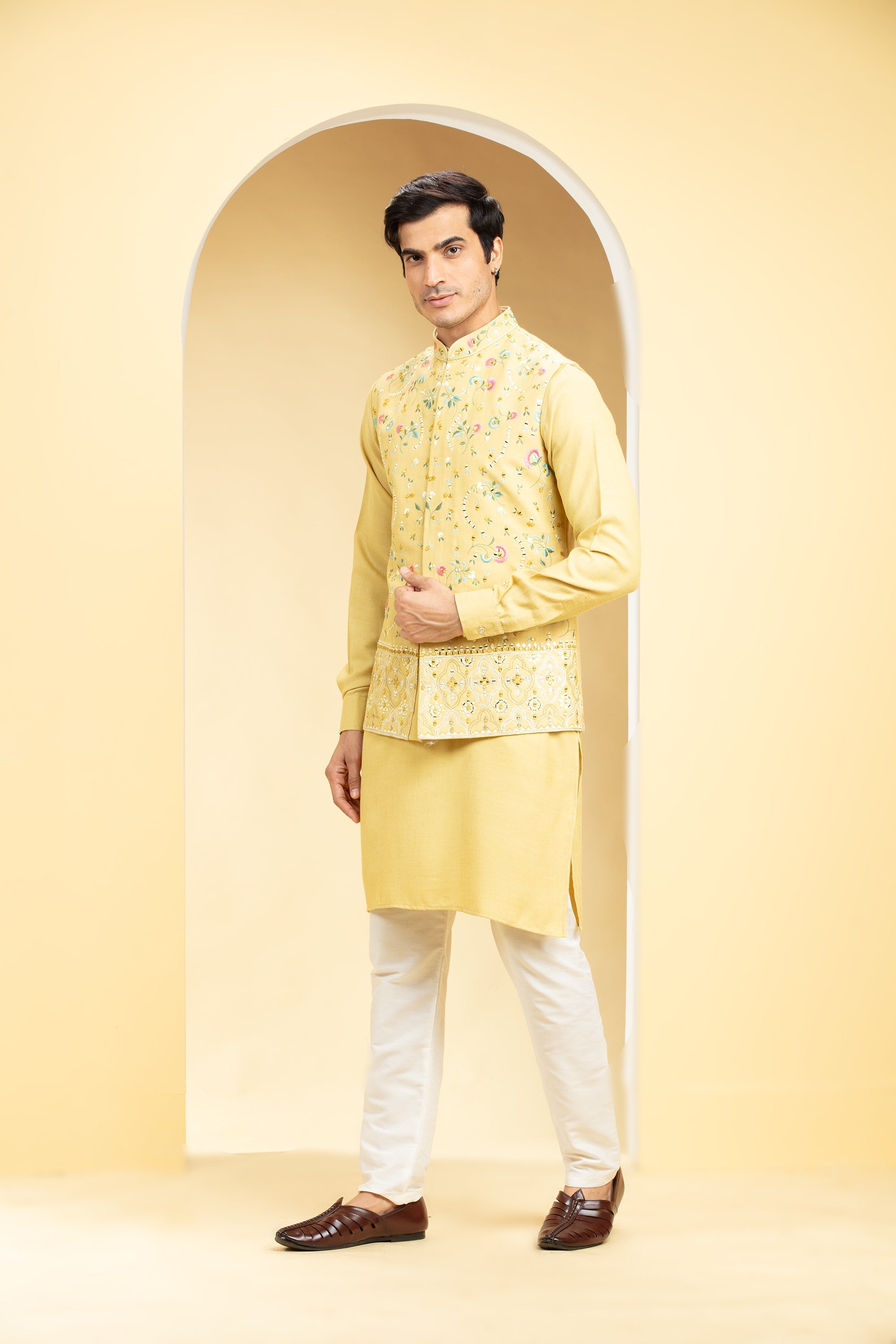 Light Mustard Yellow Jacket kurta set with floral and mirror embroidery