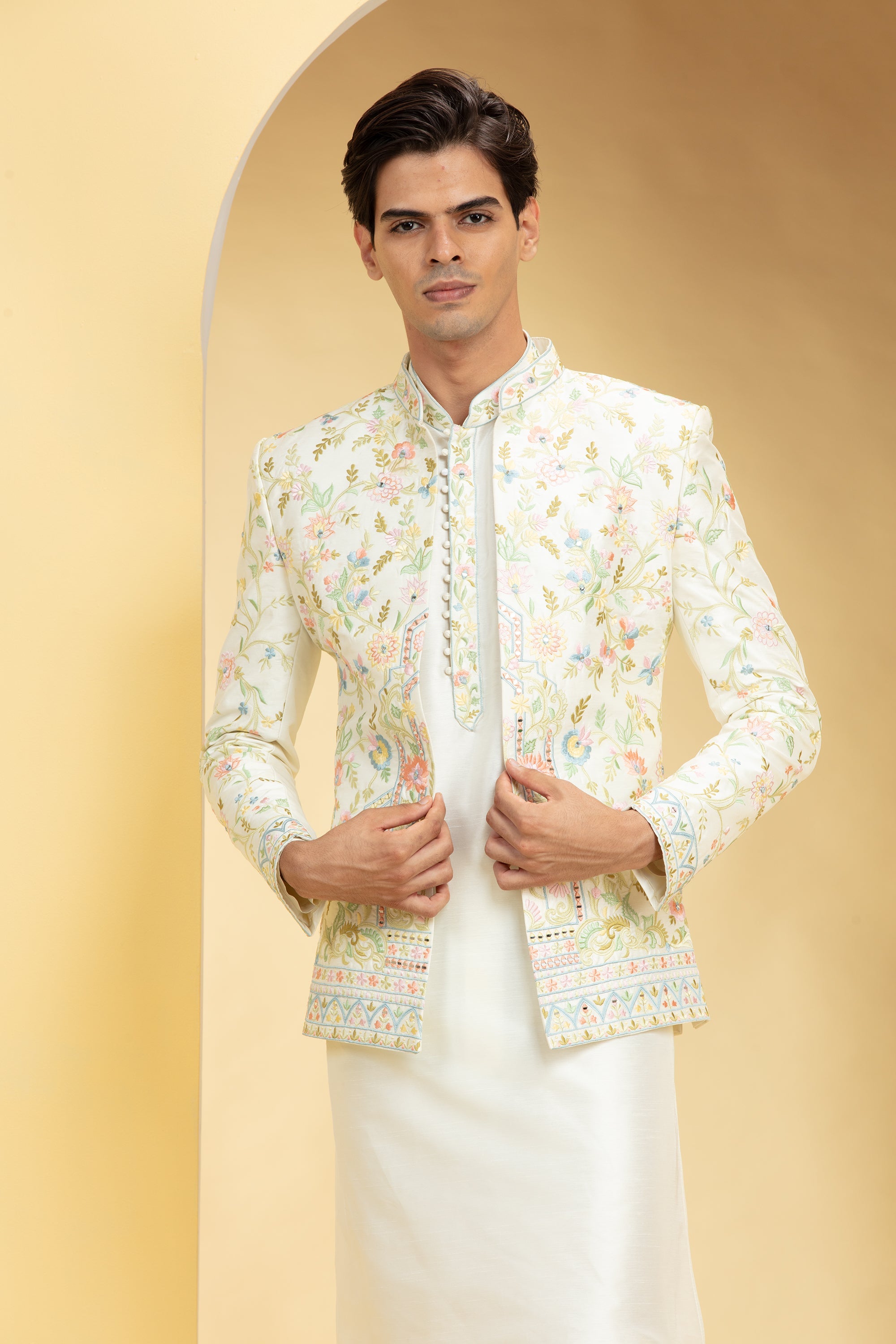 Multicoloured Jodhpuri Set with Resham embroidery