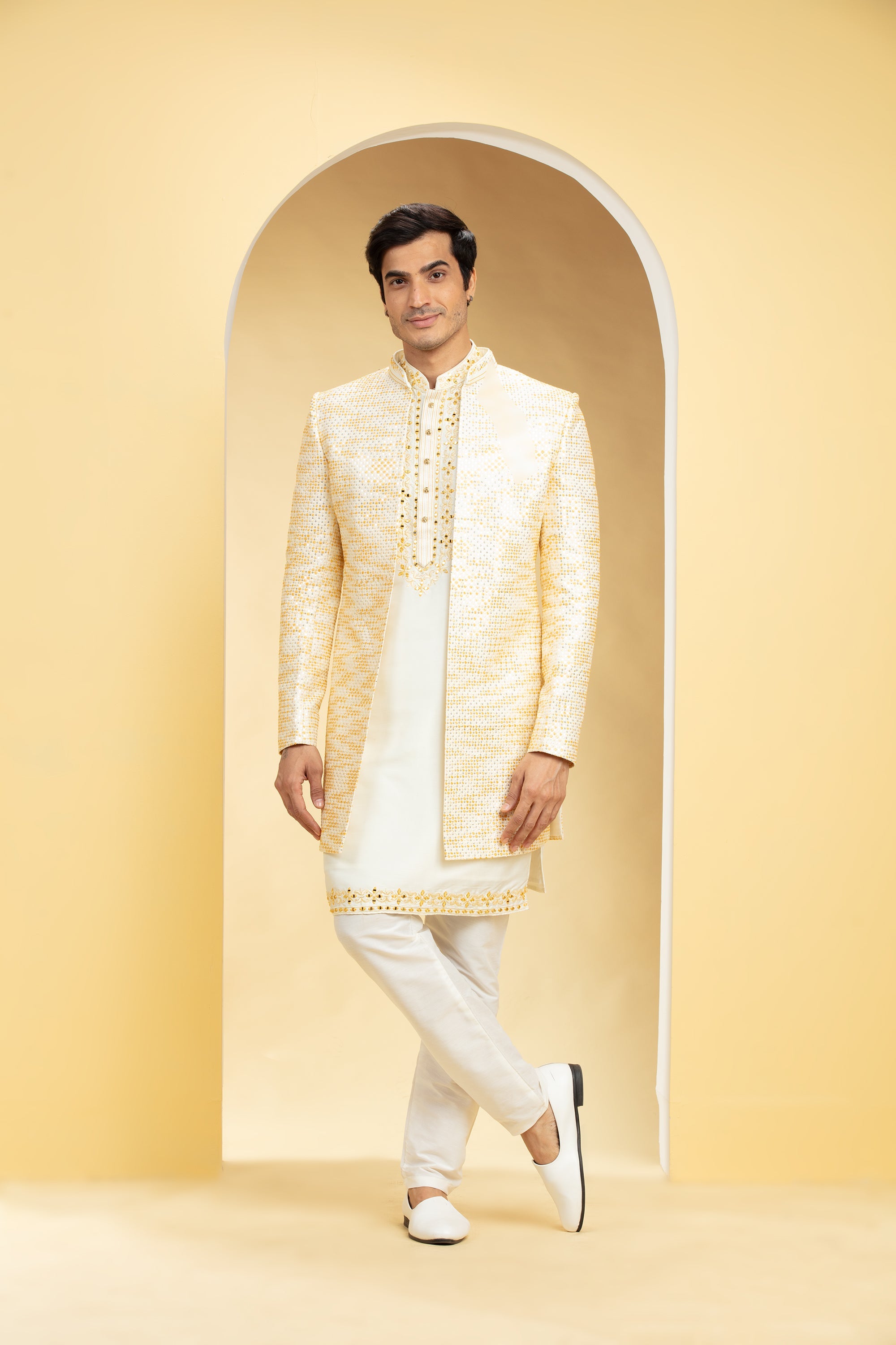 Champagne Yellow Open Indo western with Resham work
