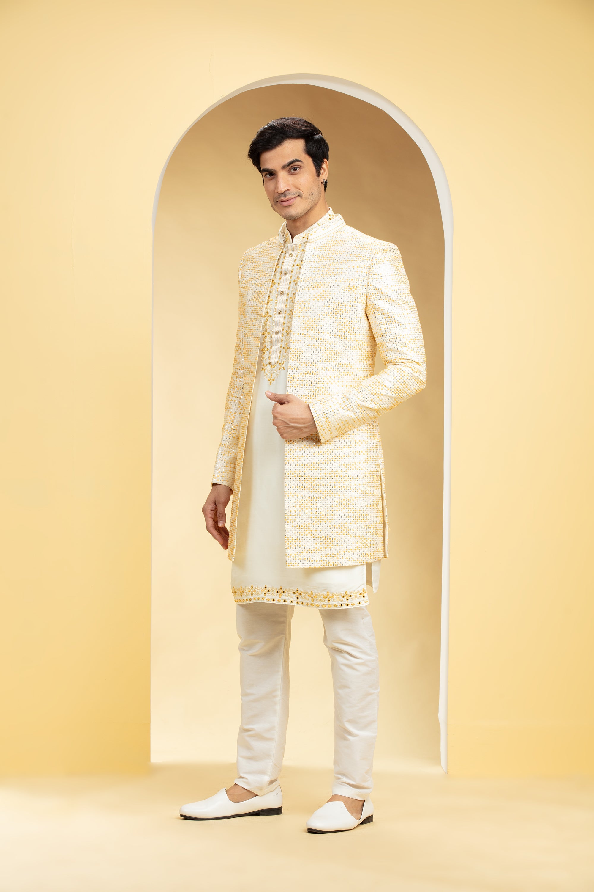 Champagne Yellow Open Indo western with Resham work