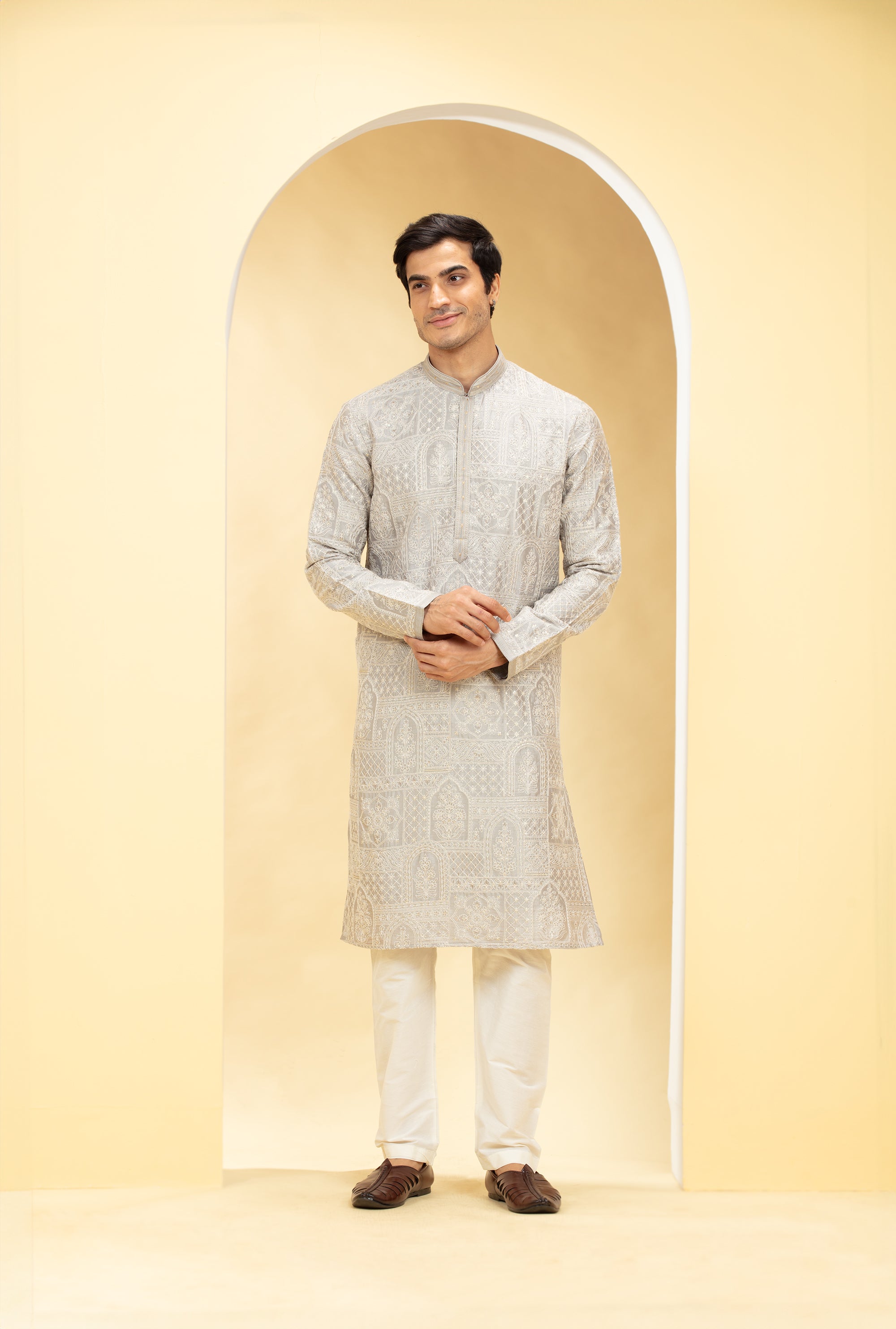 Wheatish Silver kurta pajama set with self thread work