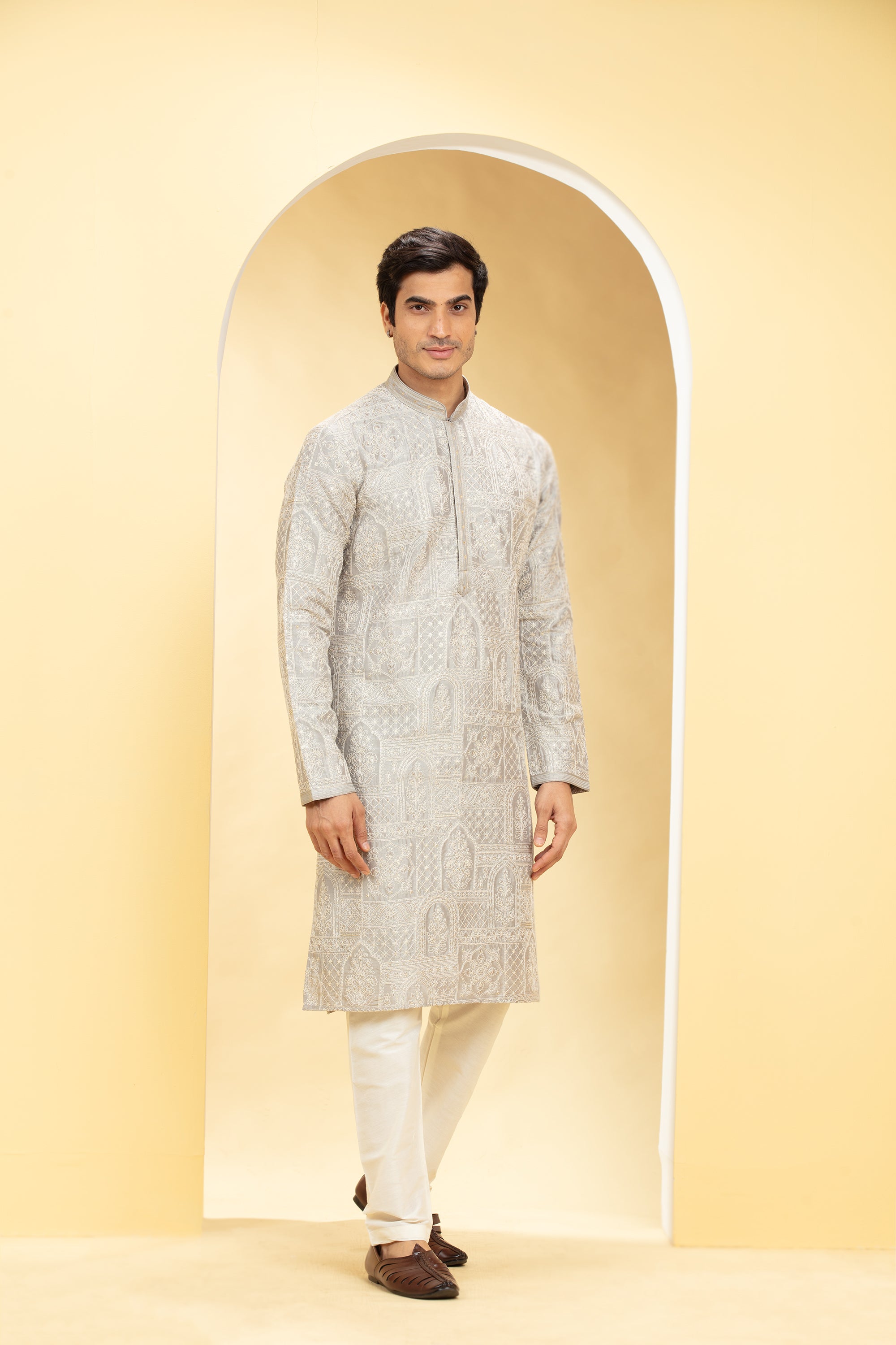 Wheatish Silver kurta pajama set with self thread work