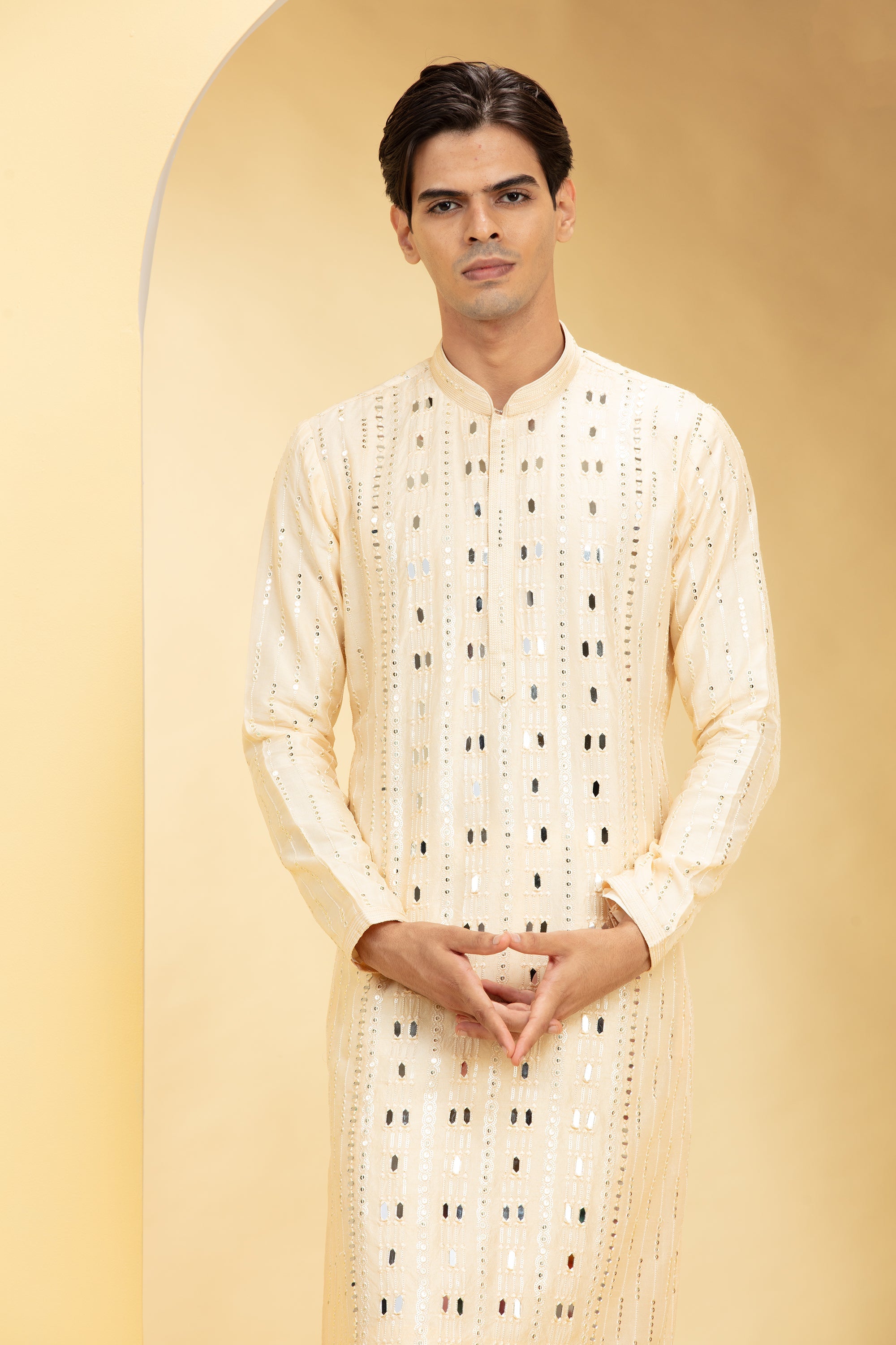 Champagne yellow Lucknowi kurta pajama Set with Mirror and Thread work