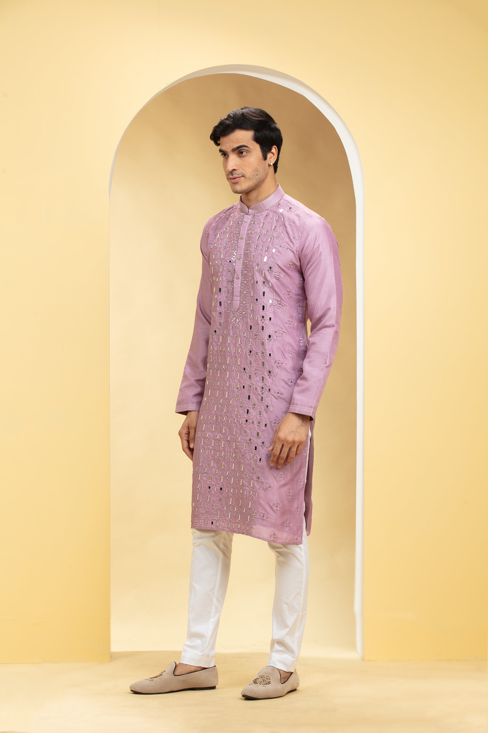 Dark Carnation Pink Lucknowi kurta pajama Set with Mirror and Thread work