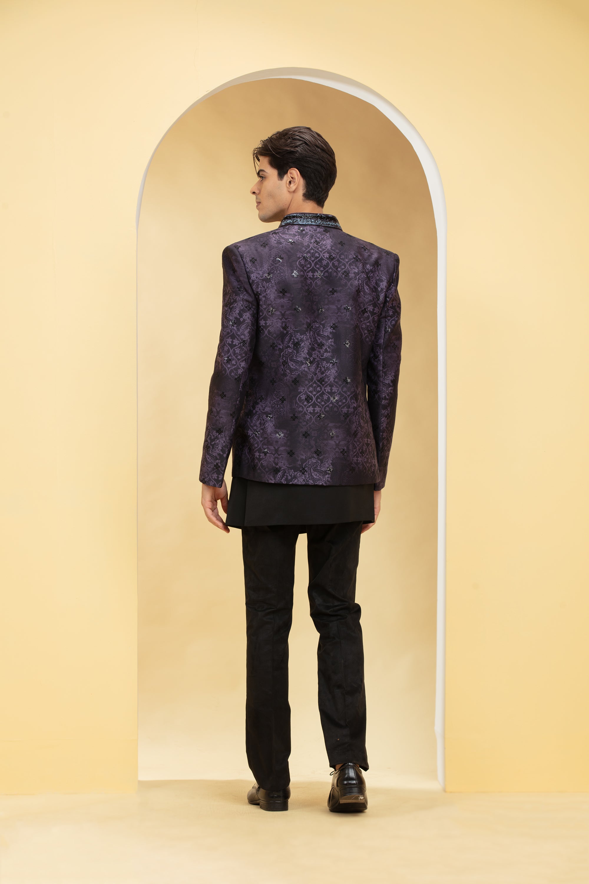 Eggplant purple Open Jodhpuri Set with metal buttons and silver brooch
