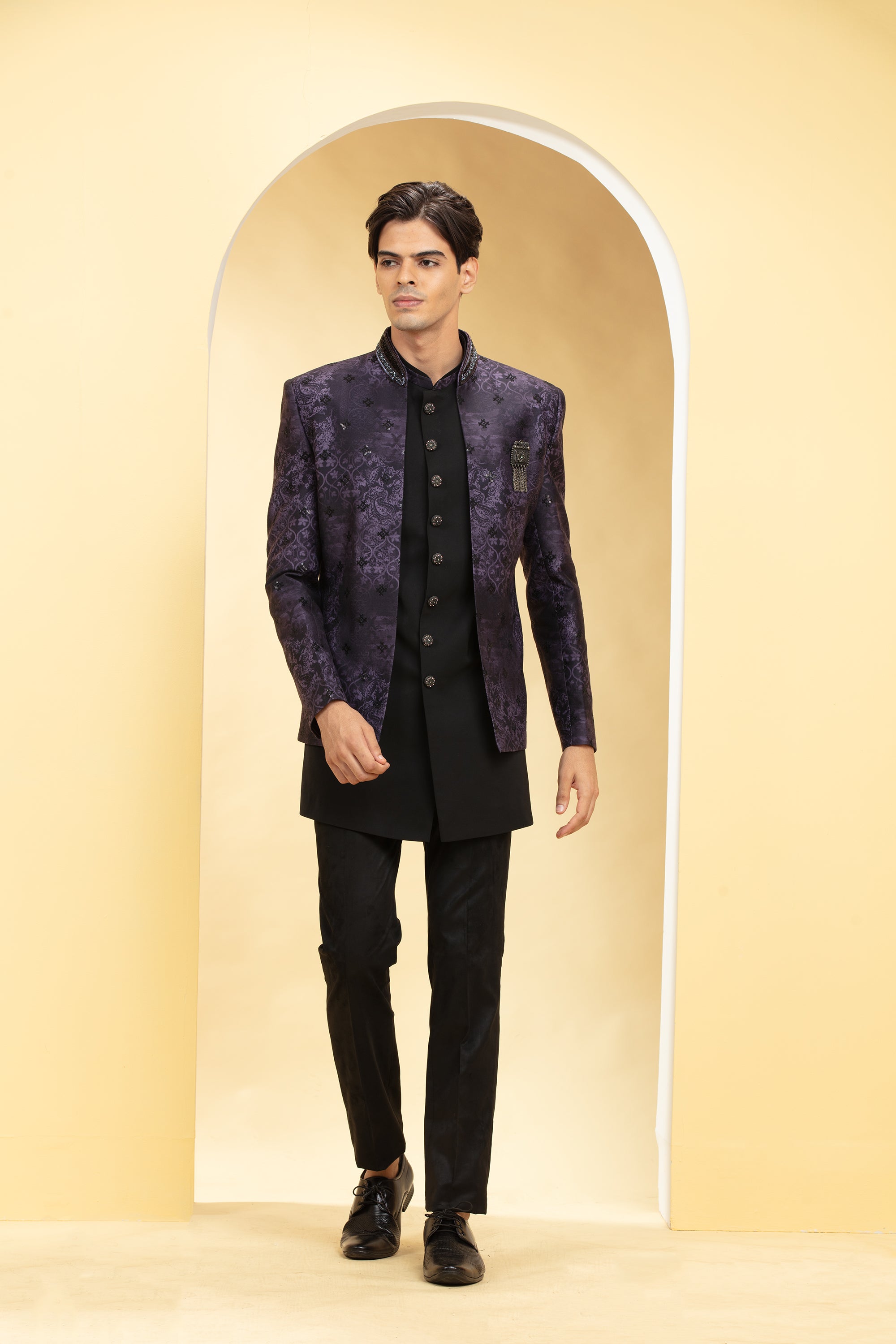 Eggplant purple Open Jodhpuri Set with metal buttons and silver brooch