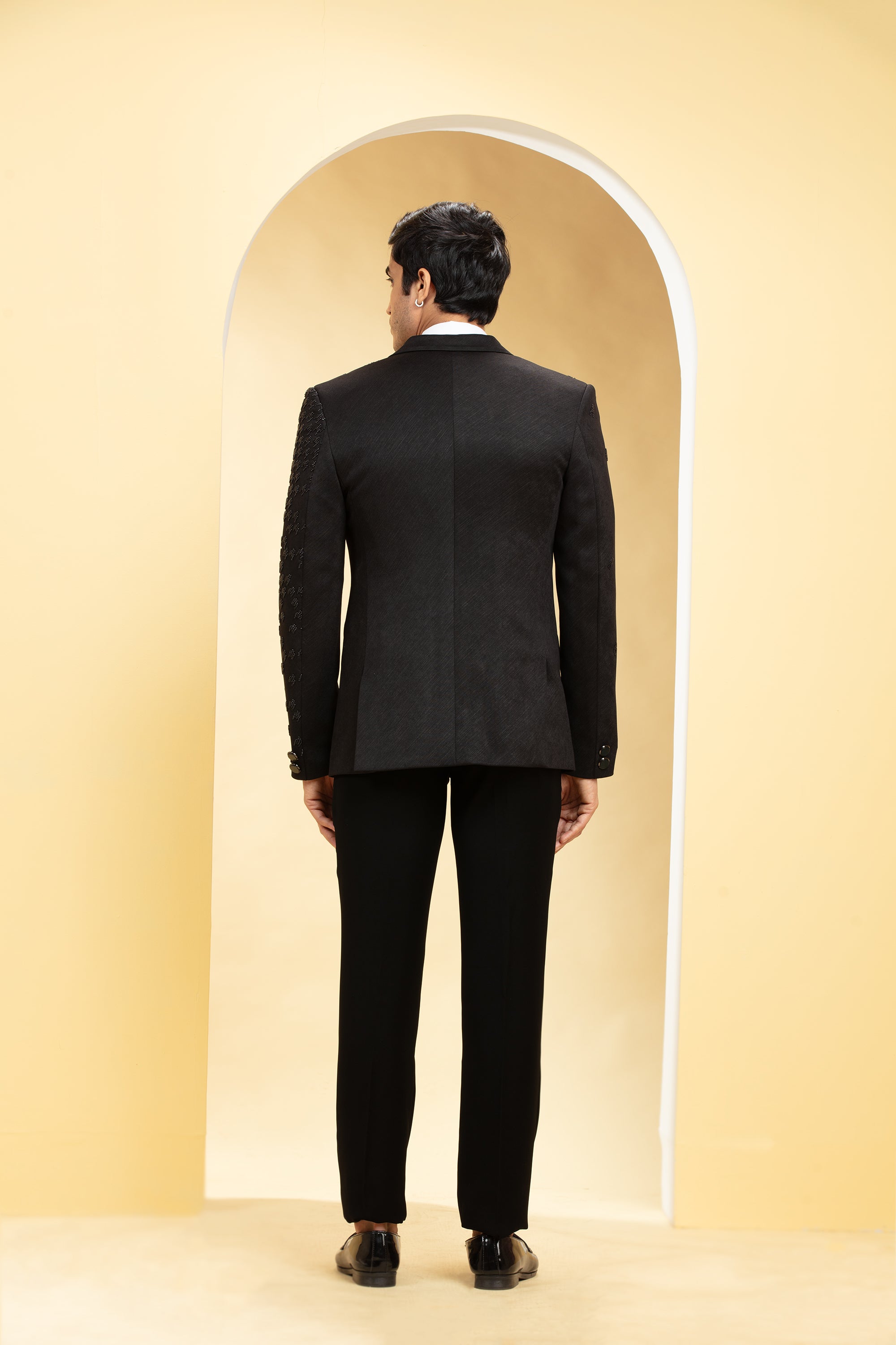 Raven Black Suede Tuxedo Set and Bow tie with Self cutdana work
