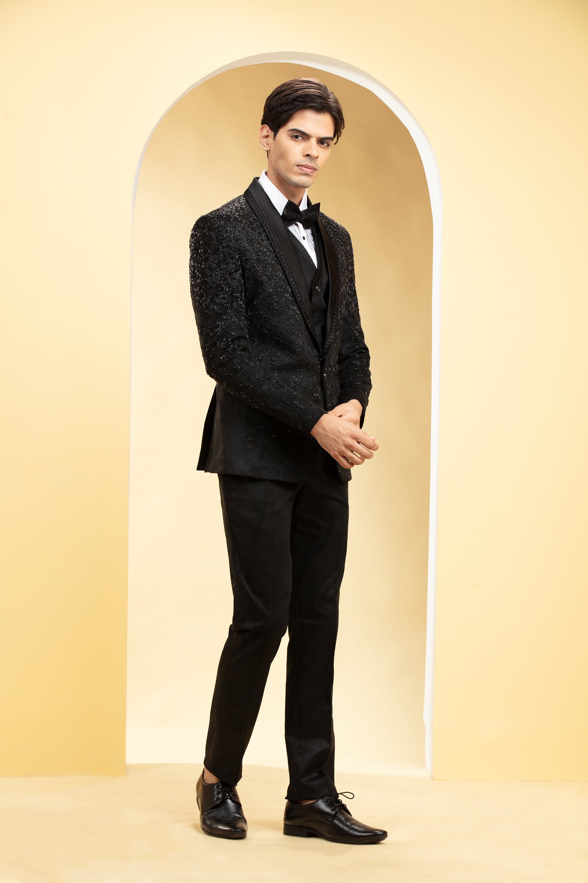 Coal Black Suede Tuxedo Set and Bow tie with Self cutdana work